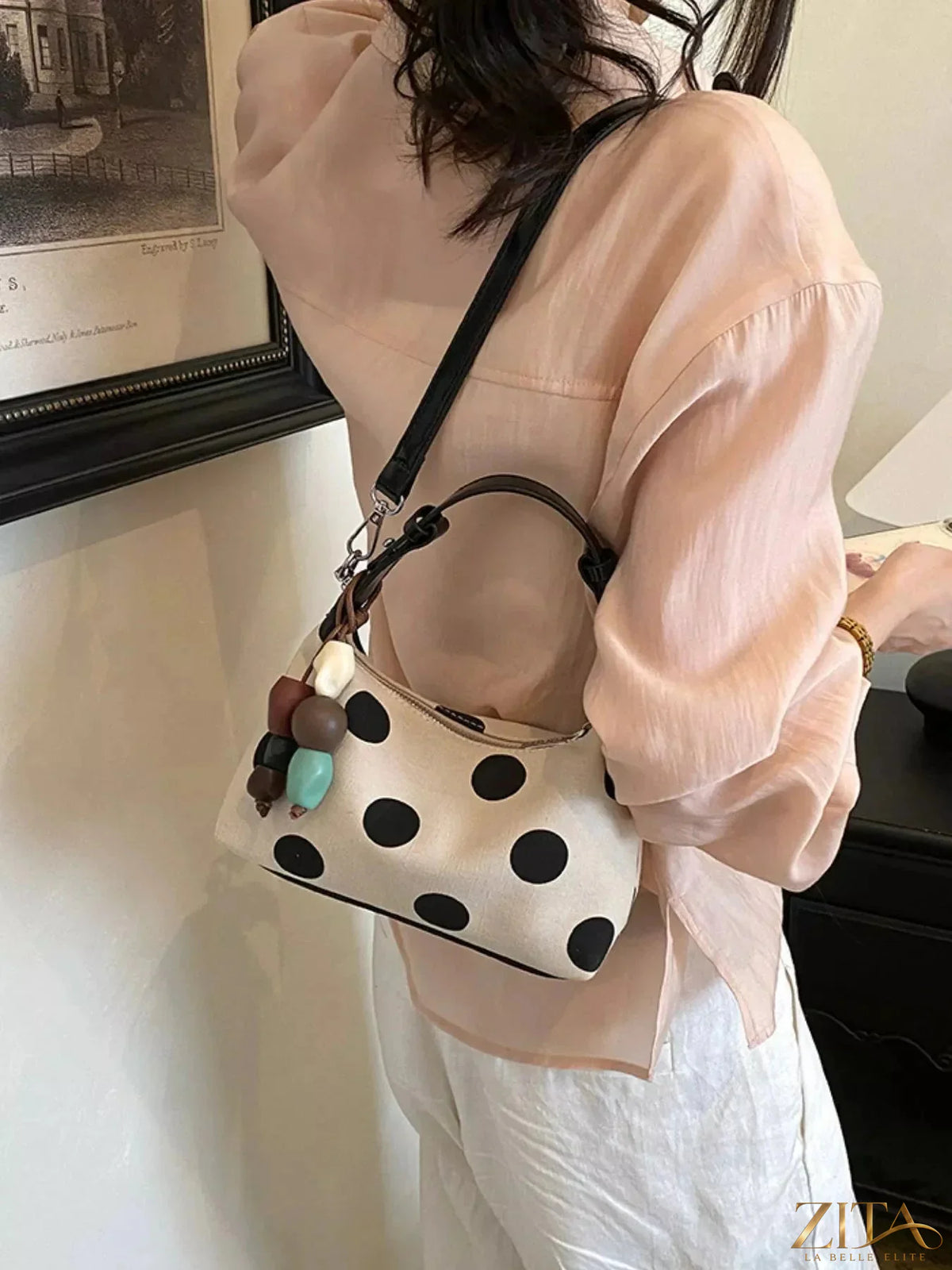 Zita La Belle Elite polka dot PU leather handbag with top handles and gold-tone hardware, stylish accessory for everyday use.