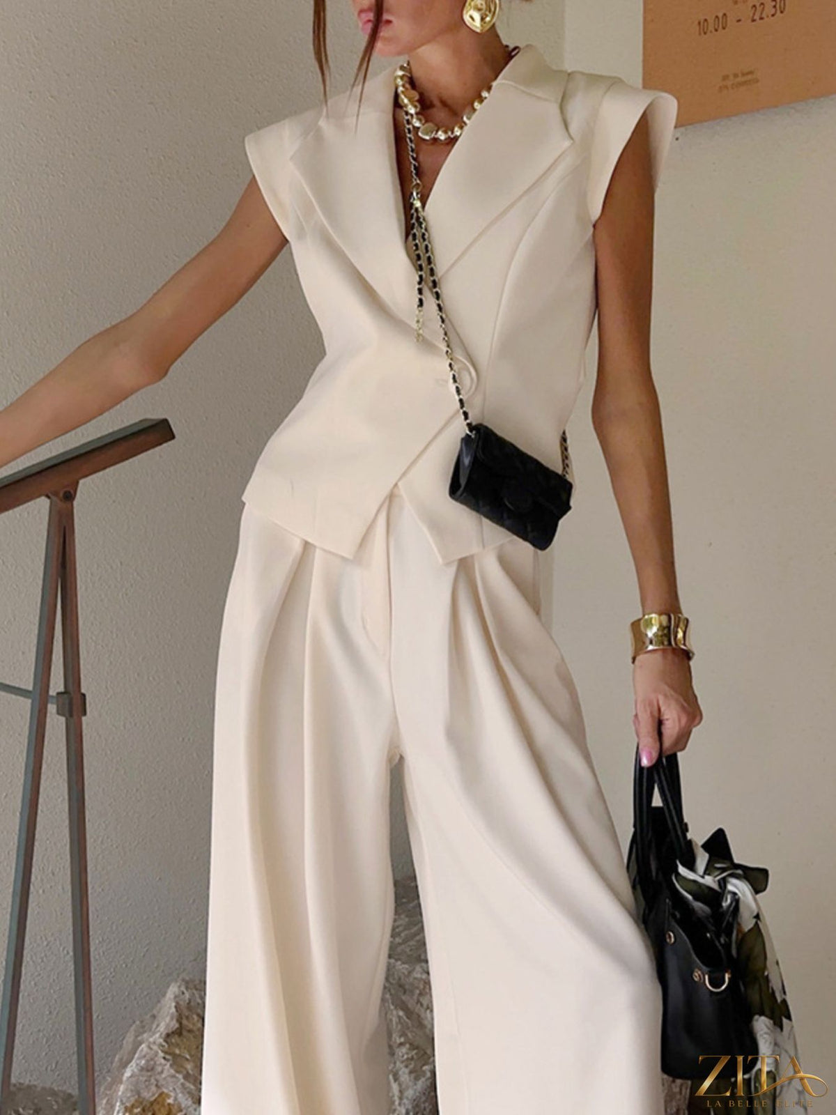 Zita La Belle Elite one-button blazer and wide-leg pants set, stylish formal outfit, tailored fit, in neutral color.