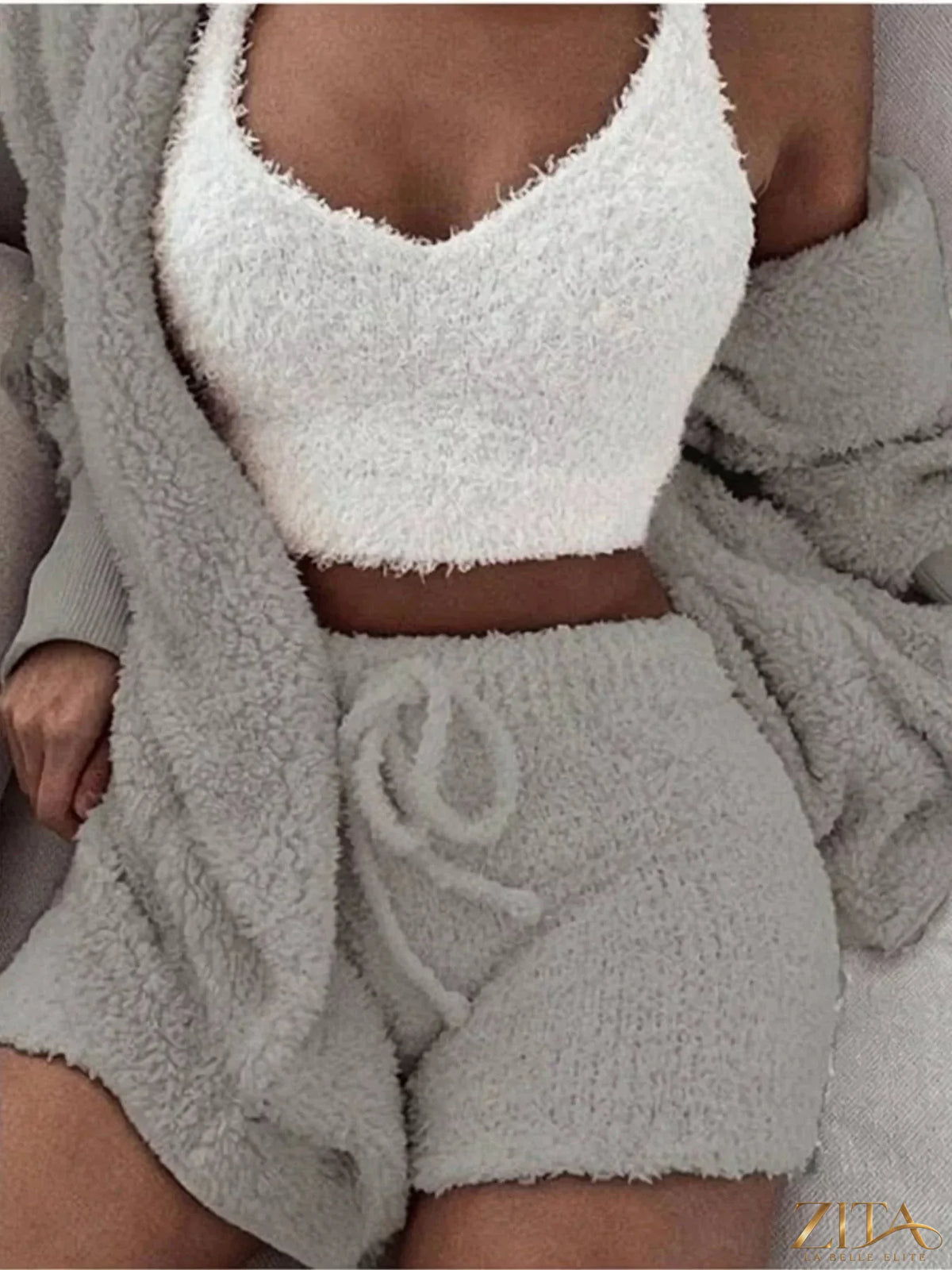 Plus size fuzzy plush cardigan lounge set by Zita La Belle Elite, featuring a cozy, soft fabric in a stylish 3-piece design.
