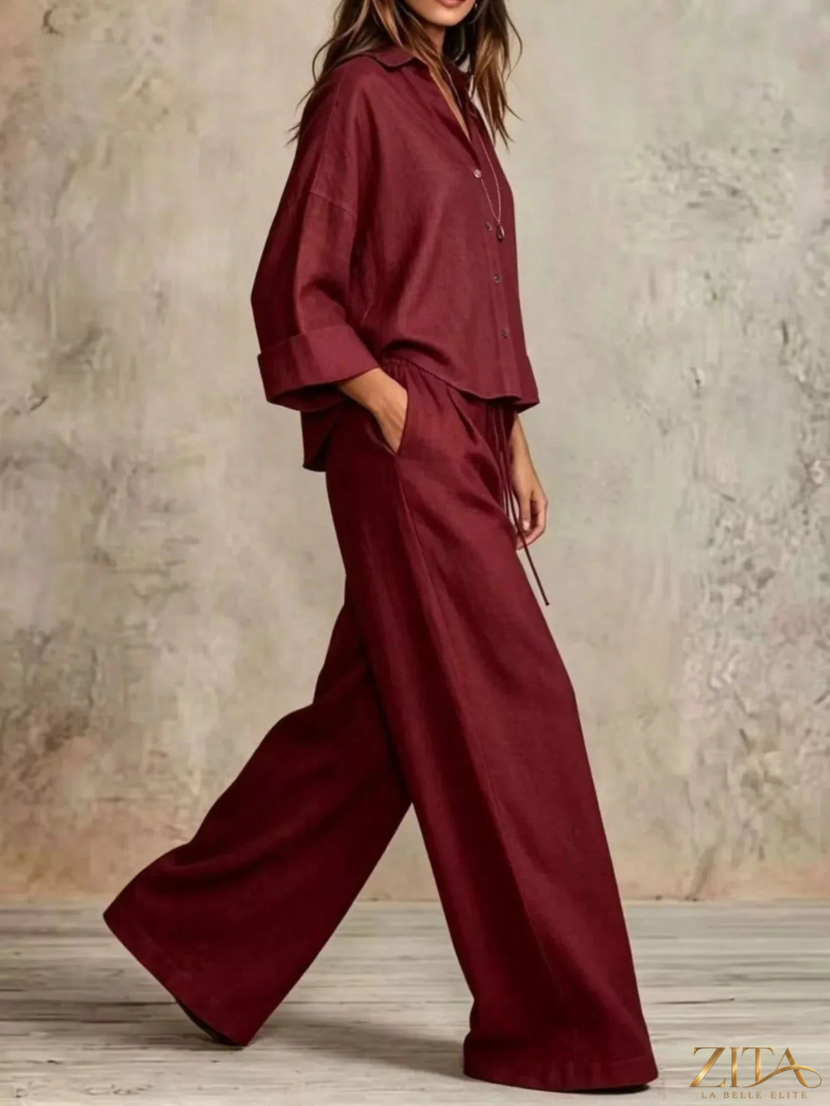 Plus size Zita La Belle Elite button-down shirt and wide-leg pants set, featuring a relaxed fit and stylish design.