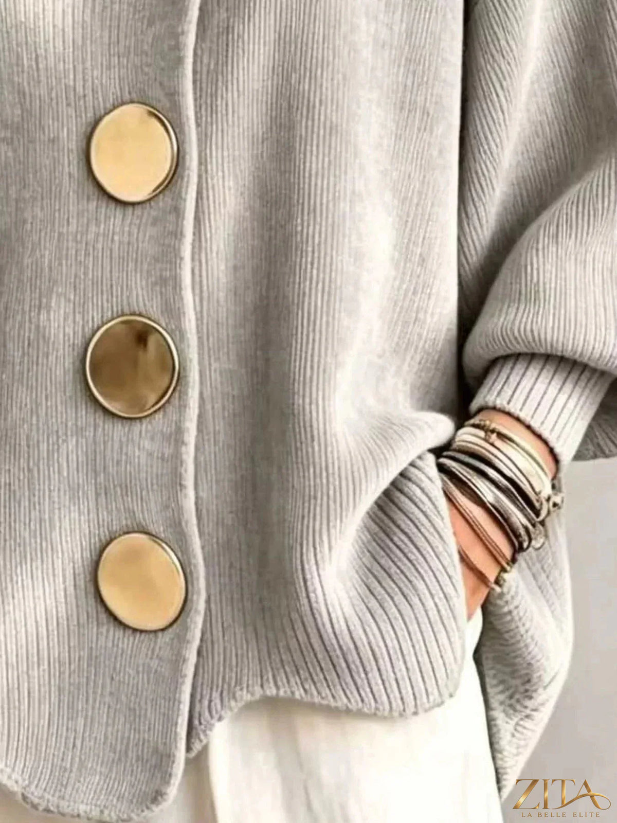 Plus size ribbed knit cardigan with gold buttons by Zita La Belle Elite, showcasing a full-size, cozy and stylish design.