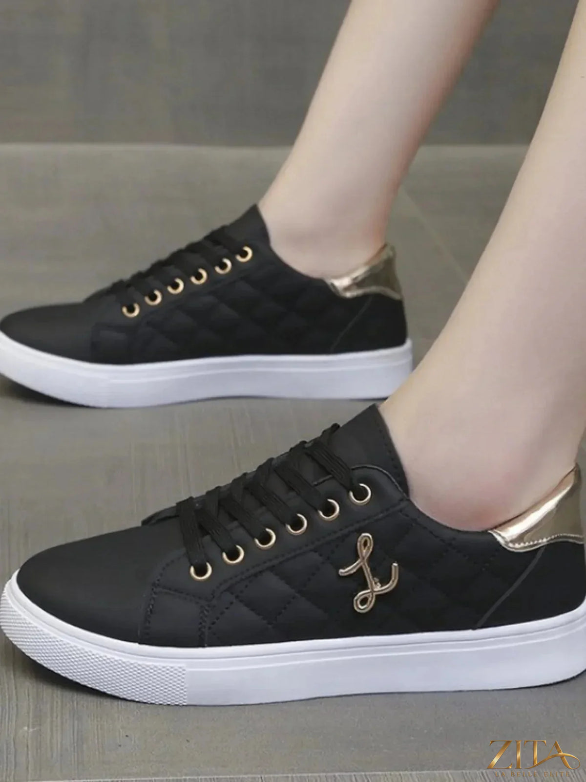 Zita La Belle Elite quilted platform sneakers with metallic gold accents and white soles, stylish and trendy footwear.