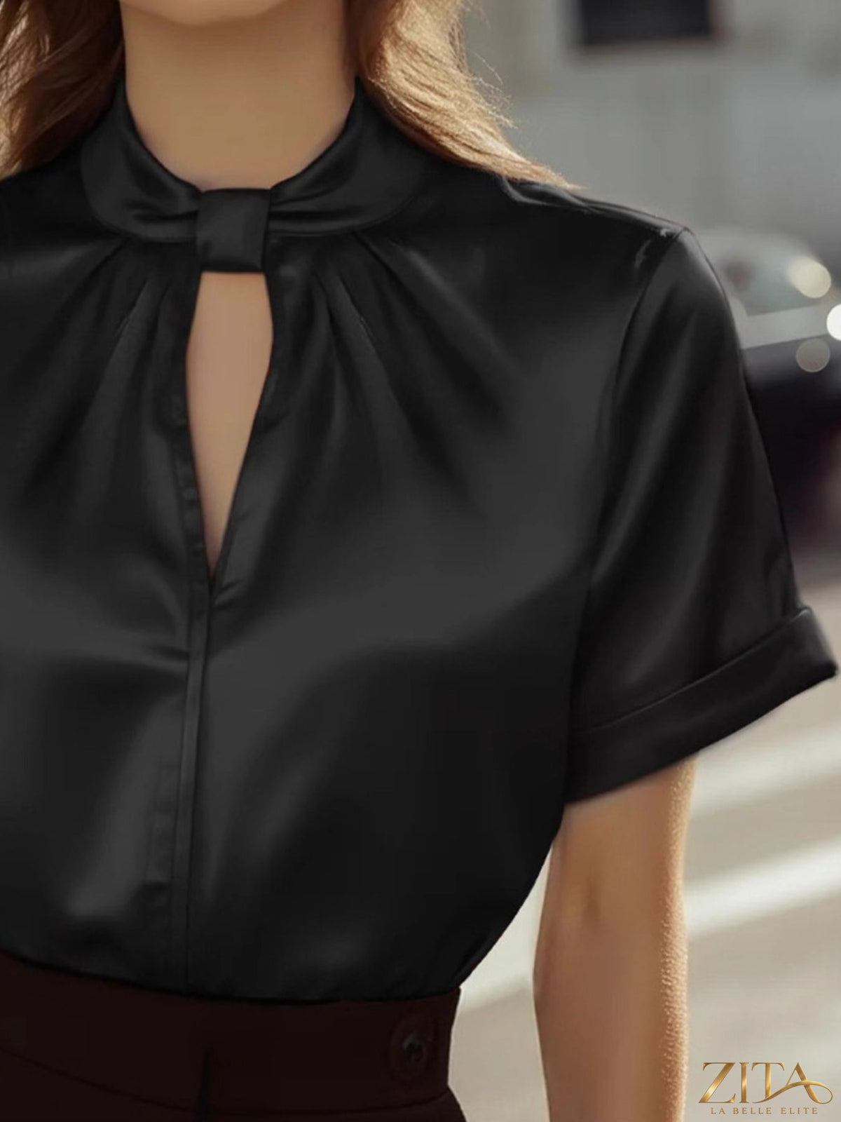 Zita La Belle Elite satin blouse with keyhole neckline and long sleeves, elegant and stylish for sophisticated looks.