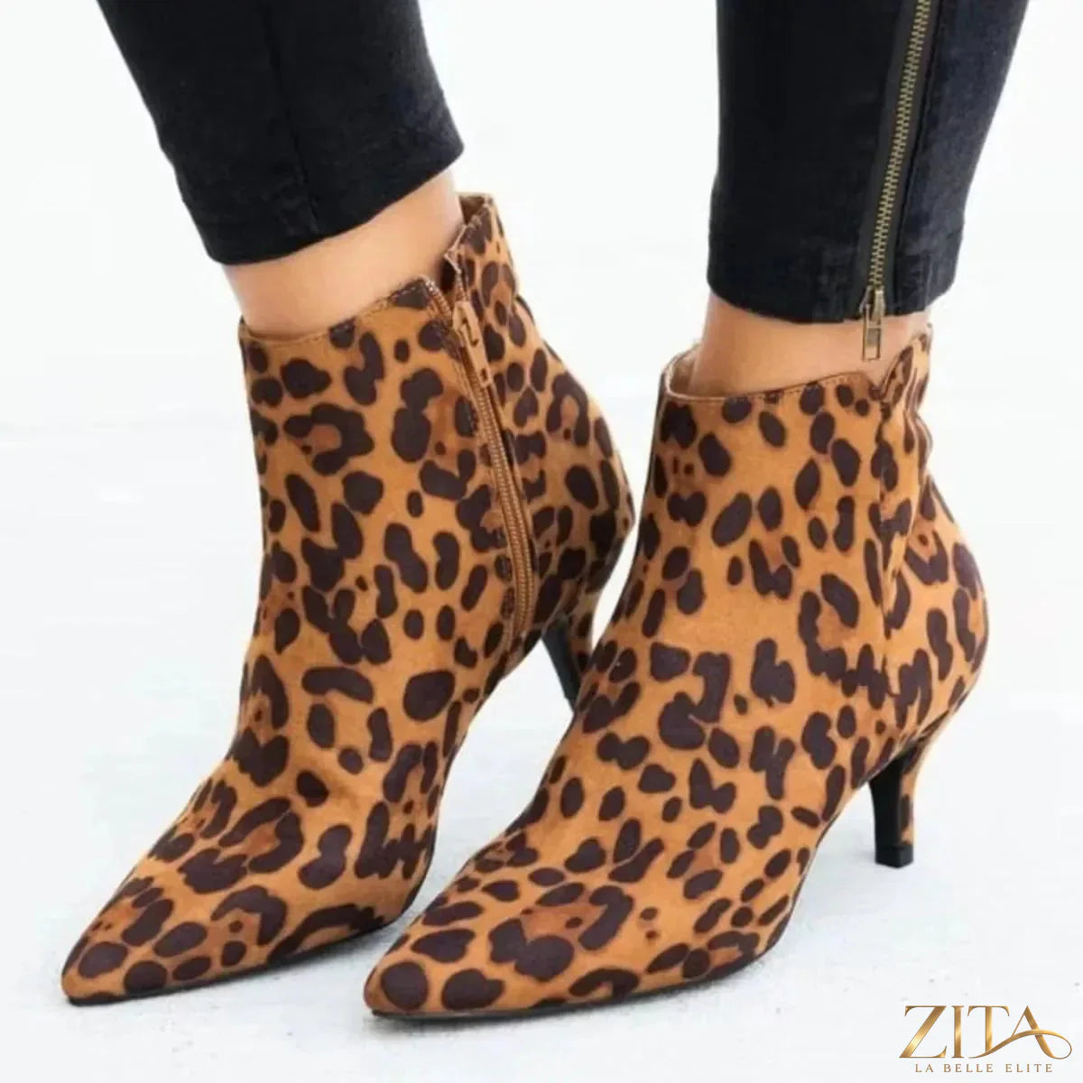Zita La Belle Elite point toe kitten heel boots in black leather with sleek design and low block heel.