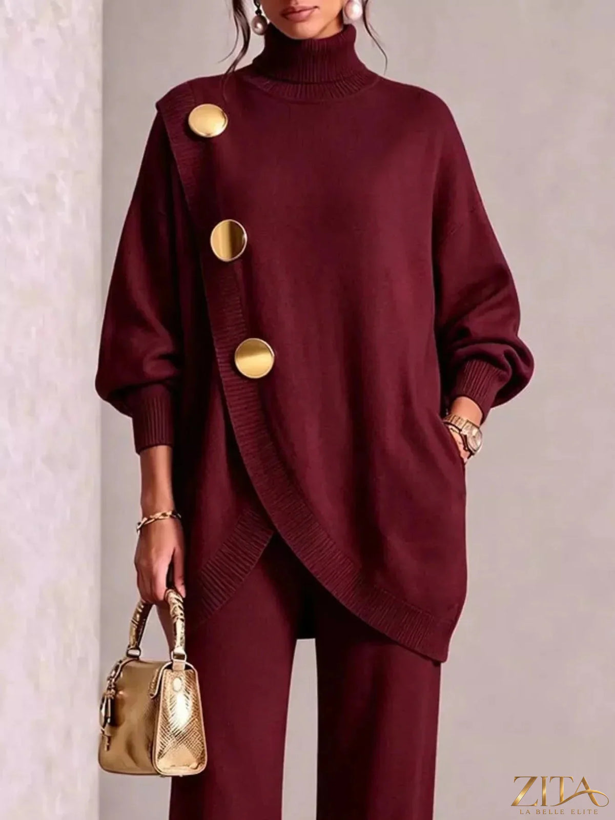 Gold button accent turtleneck sweater and pants set by Trendsi, featuring a stylish matching knit ensemble with gold details.