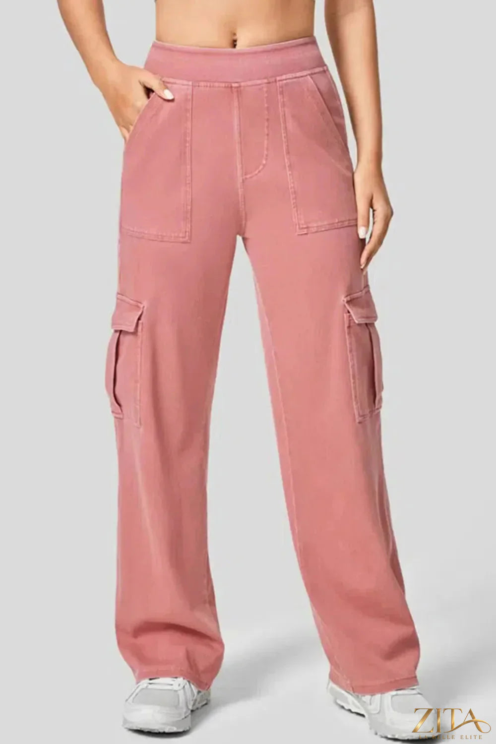 High waist straight leg cargo jeans by Zita La Belle Elite, featuring multiple pockets and a classic denim look.