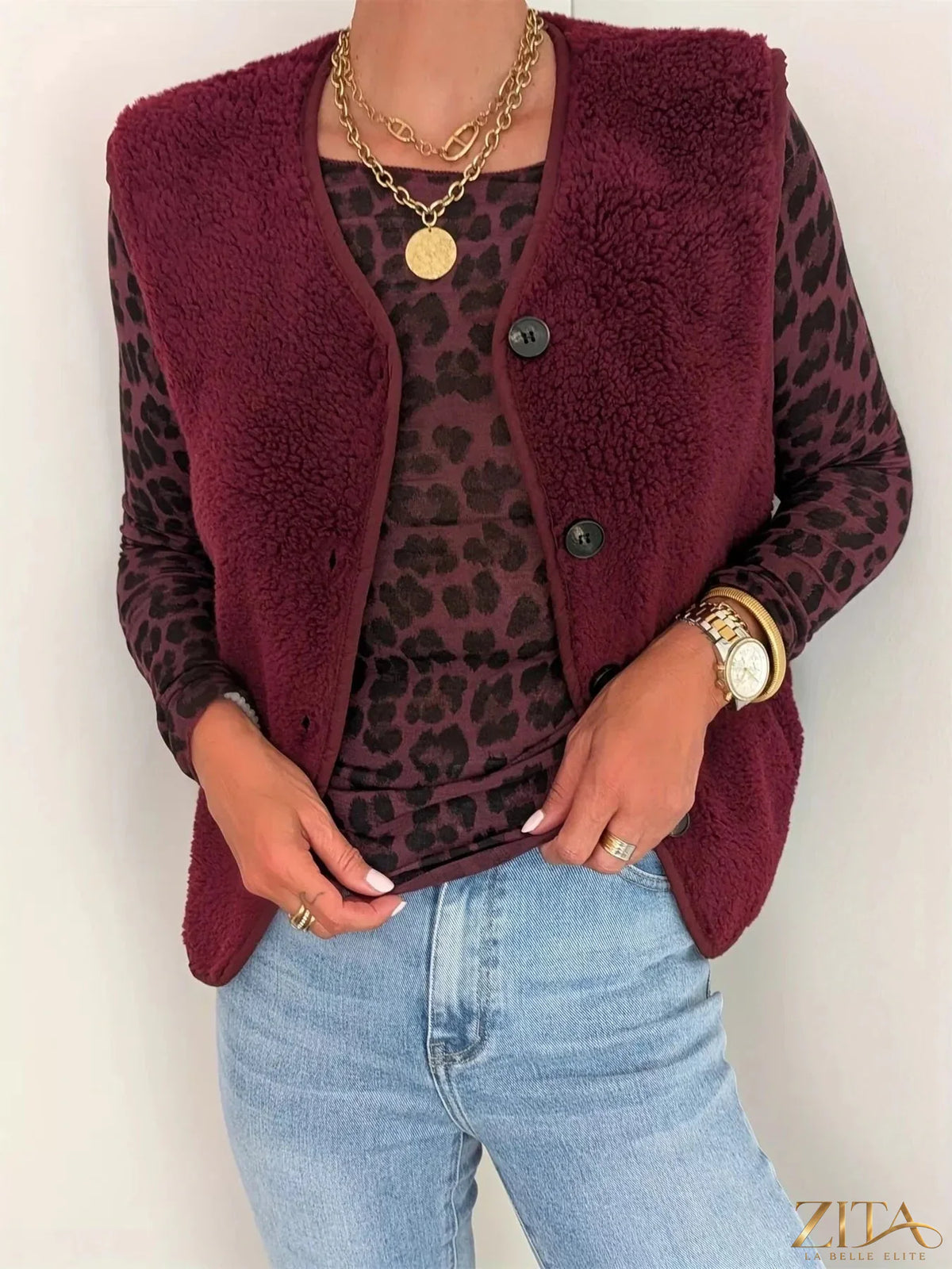 Zita La Belle Elite fleece button-down vest coat in cozy, warm fabric with a button-up front and collar detail.