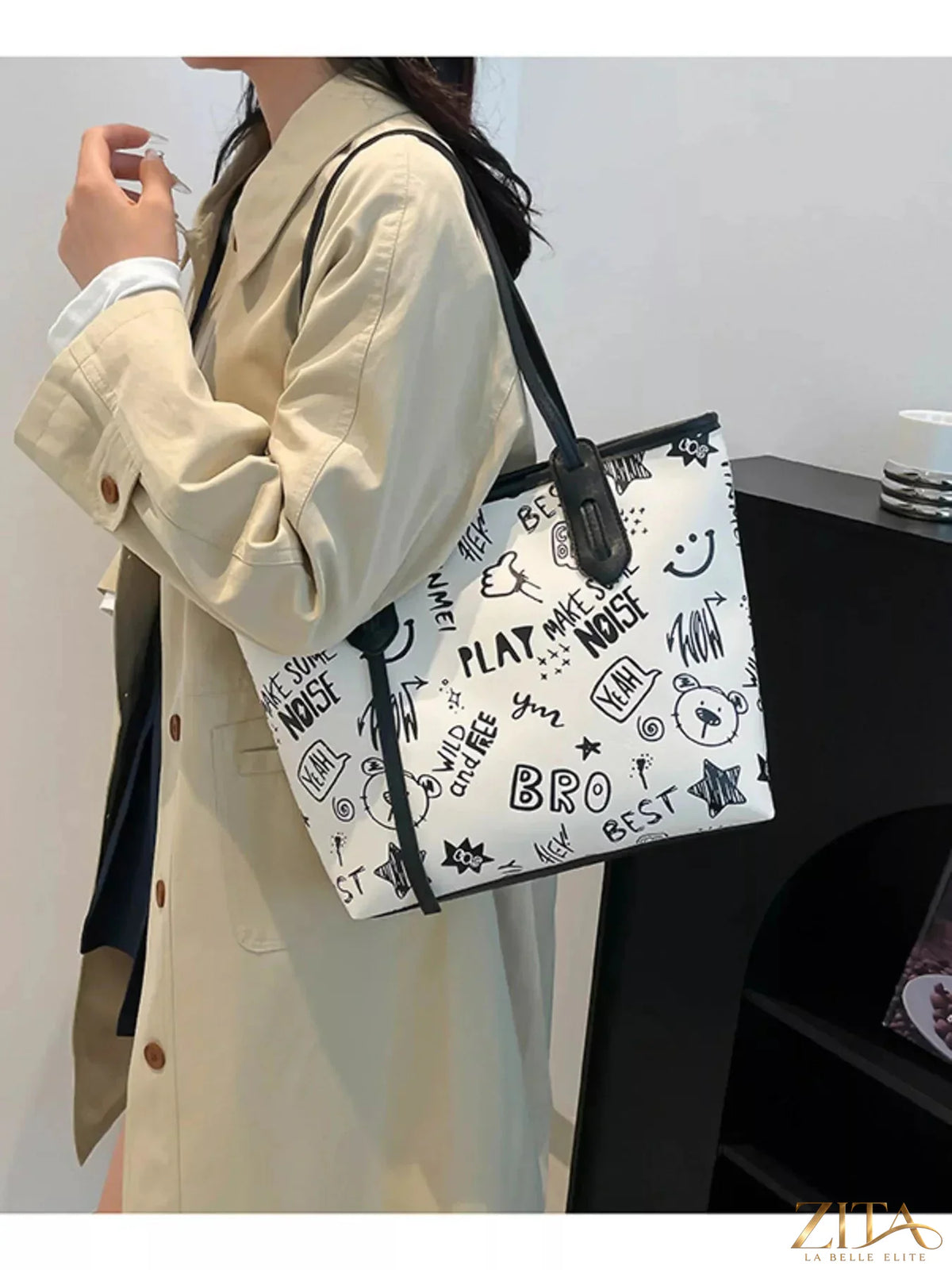 Zita La Belle Elite graffiti print casual tote bag with colorful urban graffiti design and sturdy handles.