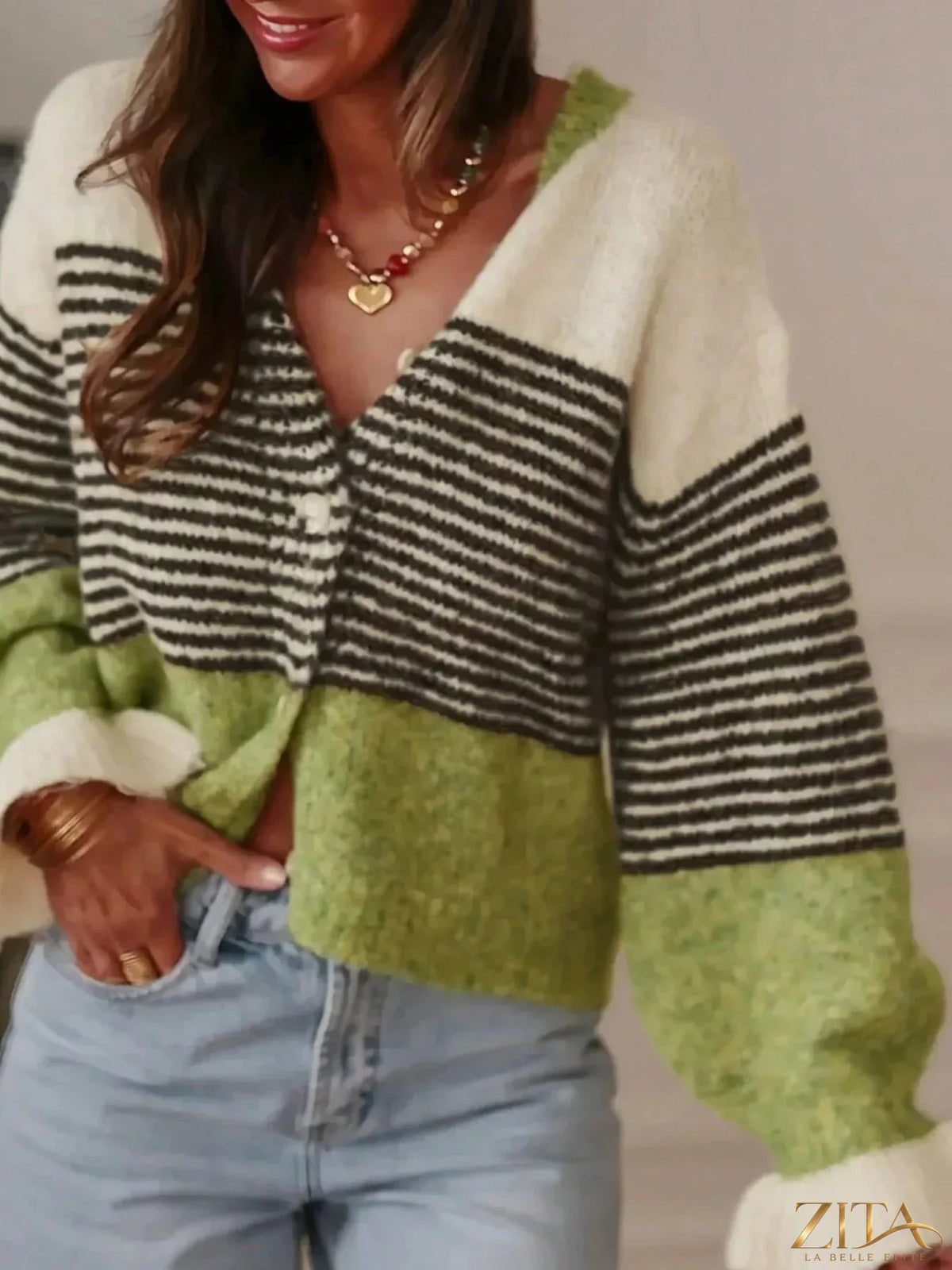 Striped color-block button-down cardigan by Zita La Belle Elite, featuring bold stripes and a classic fit.