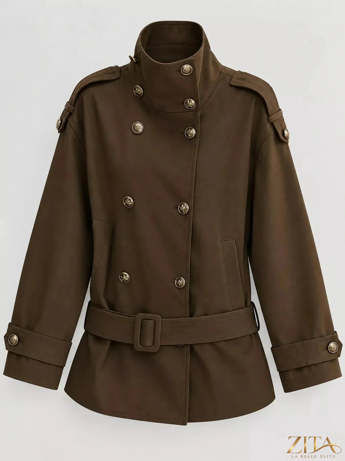 Zita La Belle Elite double-breasted turtleneck trench coat, stylish outerwear with classic design and button details.