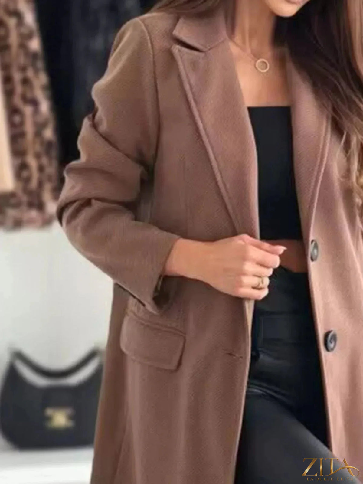 Zita La Belle Elite lapel collar long sleeve coat, stylish outerwear with a tailored fit and classic design, shown in the image.