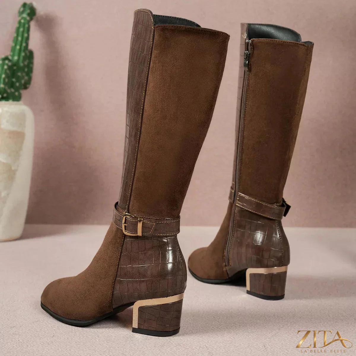 Zita La Belle Elite crocodile texture knee-high boots with pointed toe and block heel, stylish and sleek for fashionable wear.