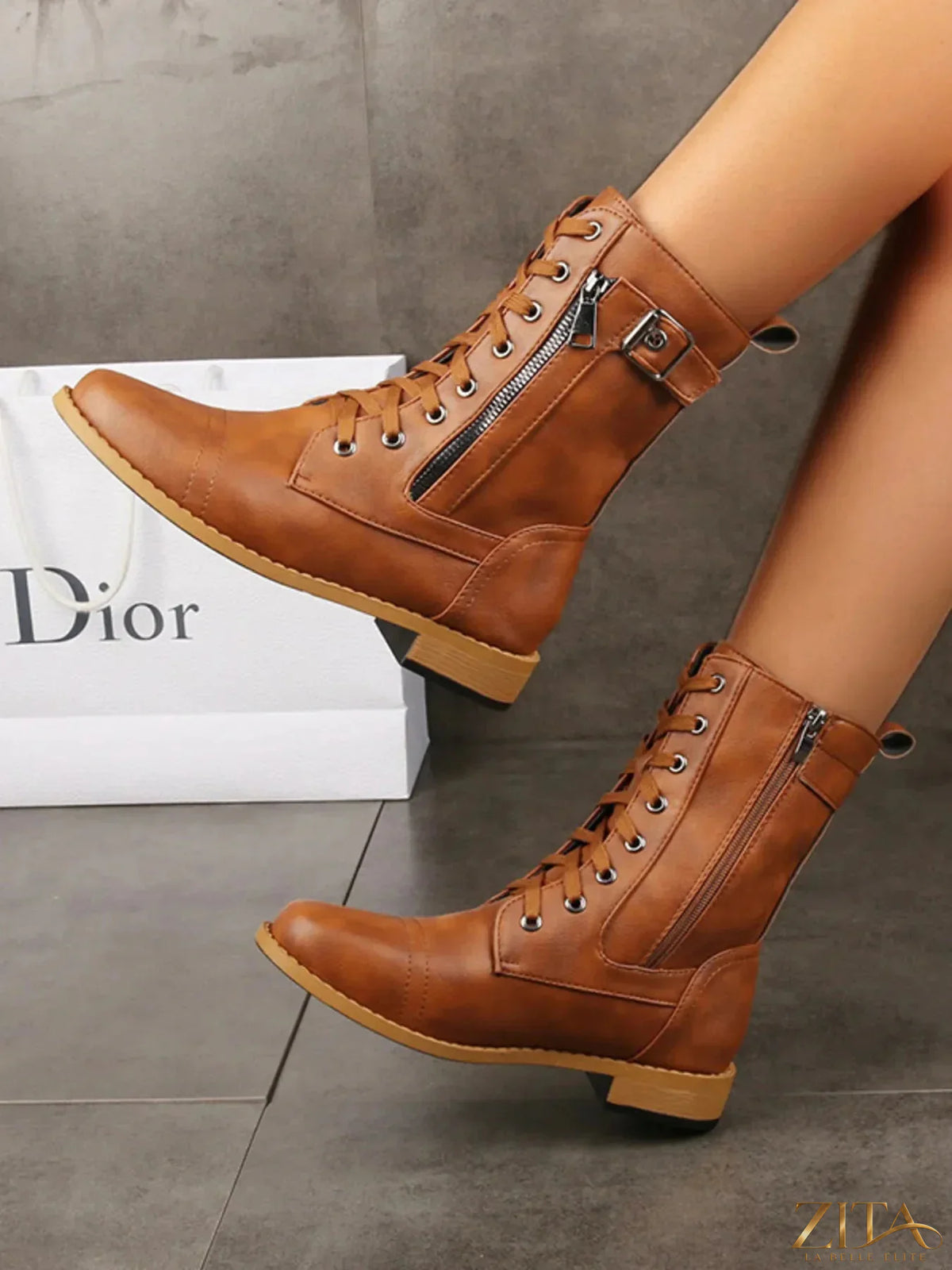 Zita La Belle Elite lace-up boots with buckle detail, stylish ankle boots with leather finish and trendy design.