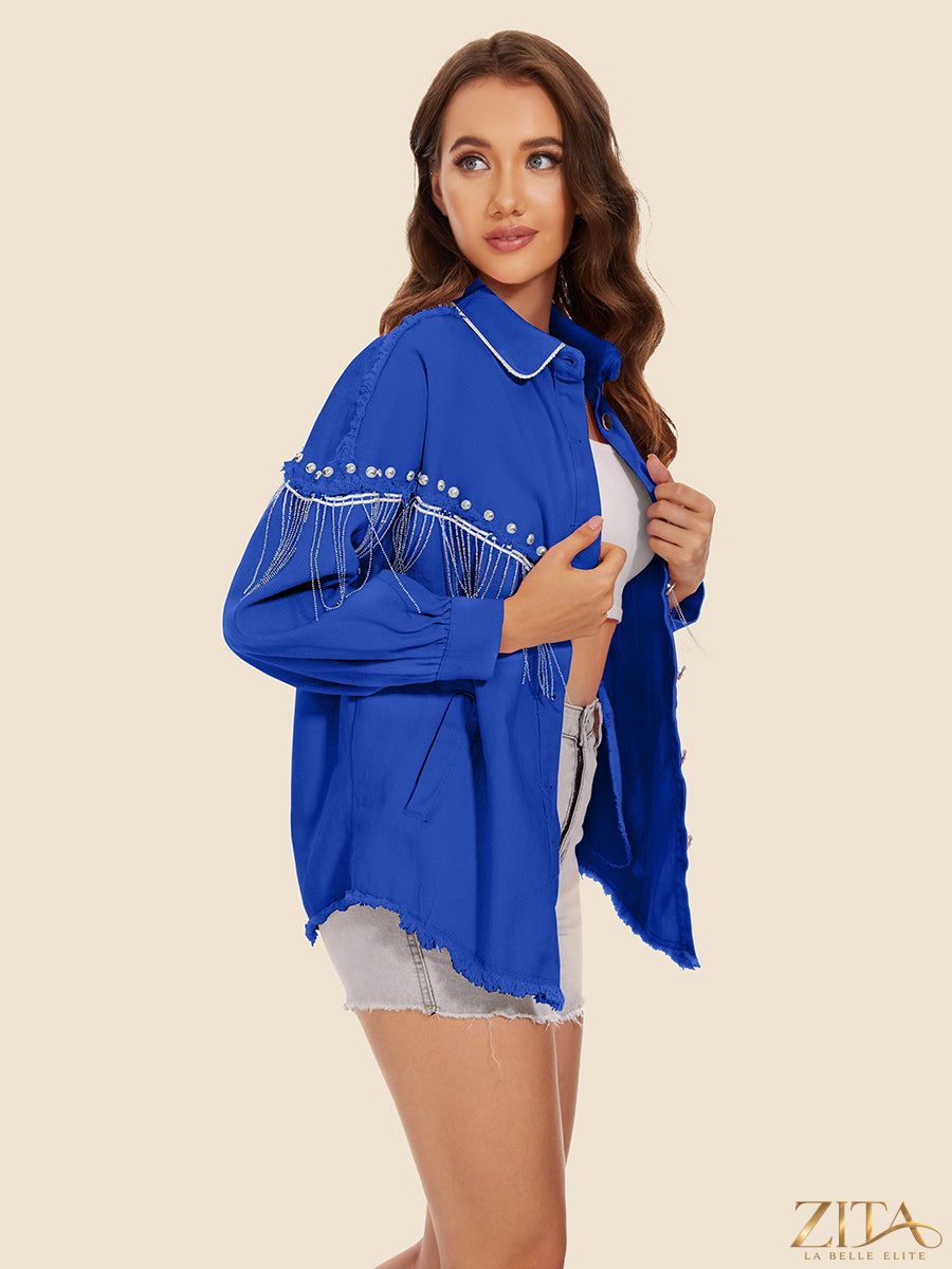 Zita La Belle Elite raw hem denim jacket with fringe details, casual style, front buttons, and classic blue denim fabric.
