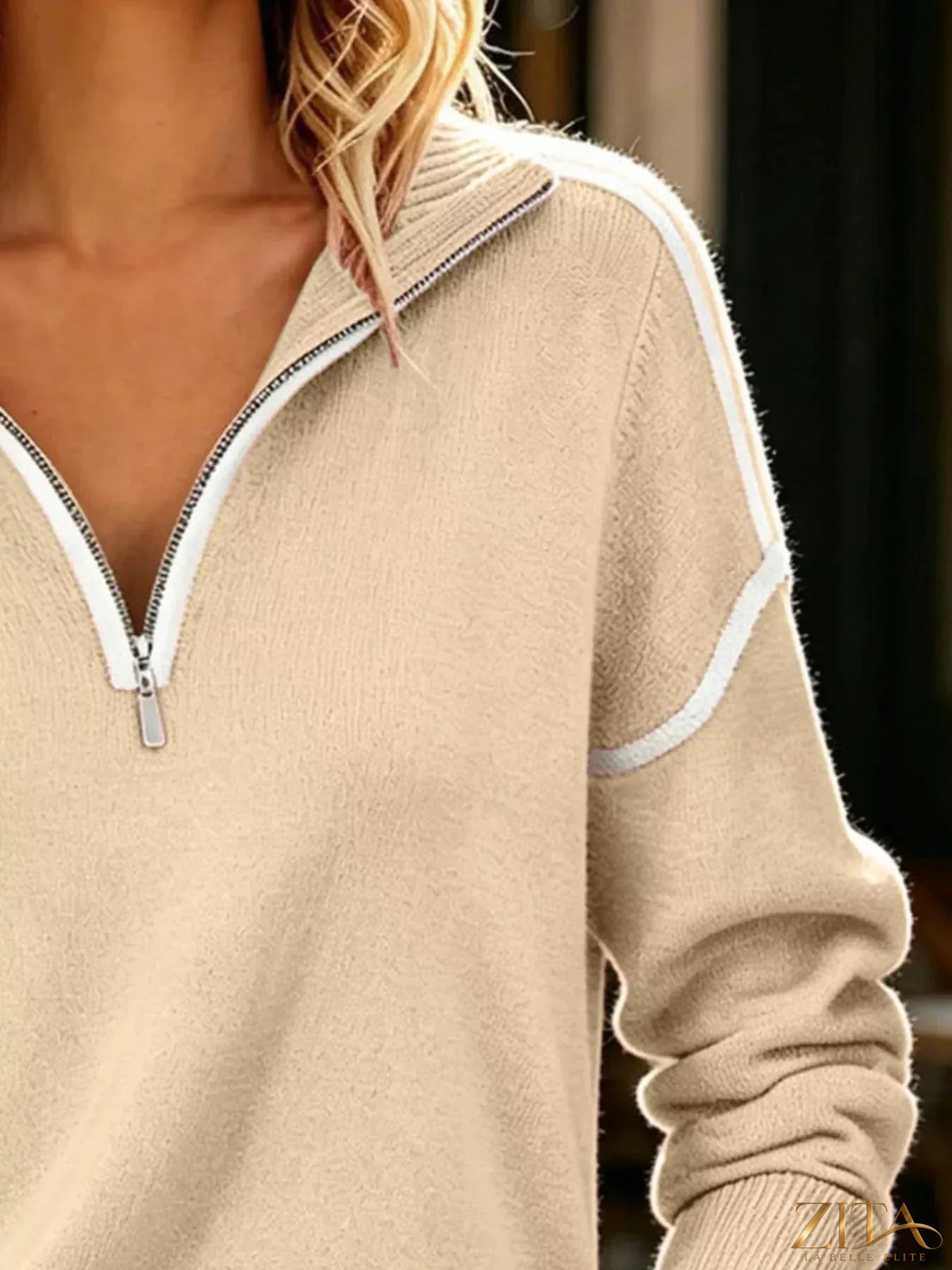 Trendsi quarter-zip dropped shoulder sweater in soft fabric, featuring a relaxed fit and stylish design, front view.