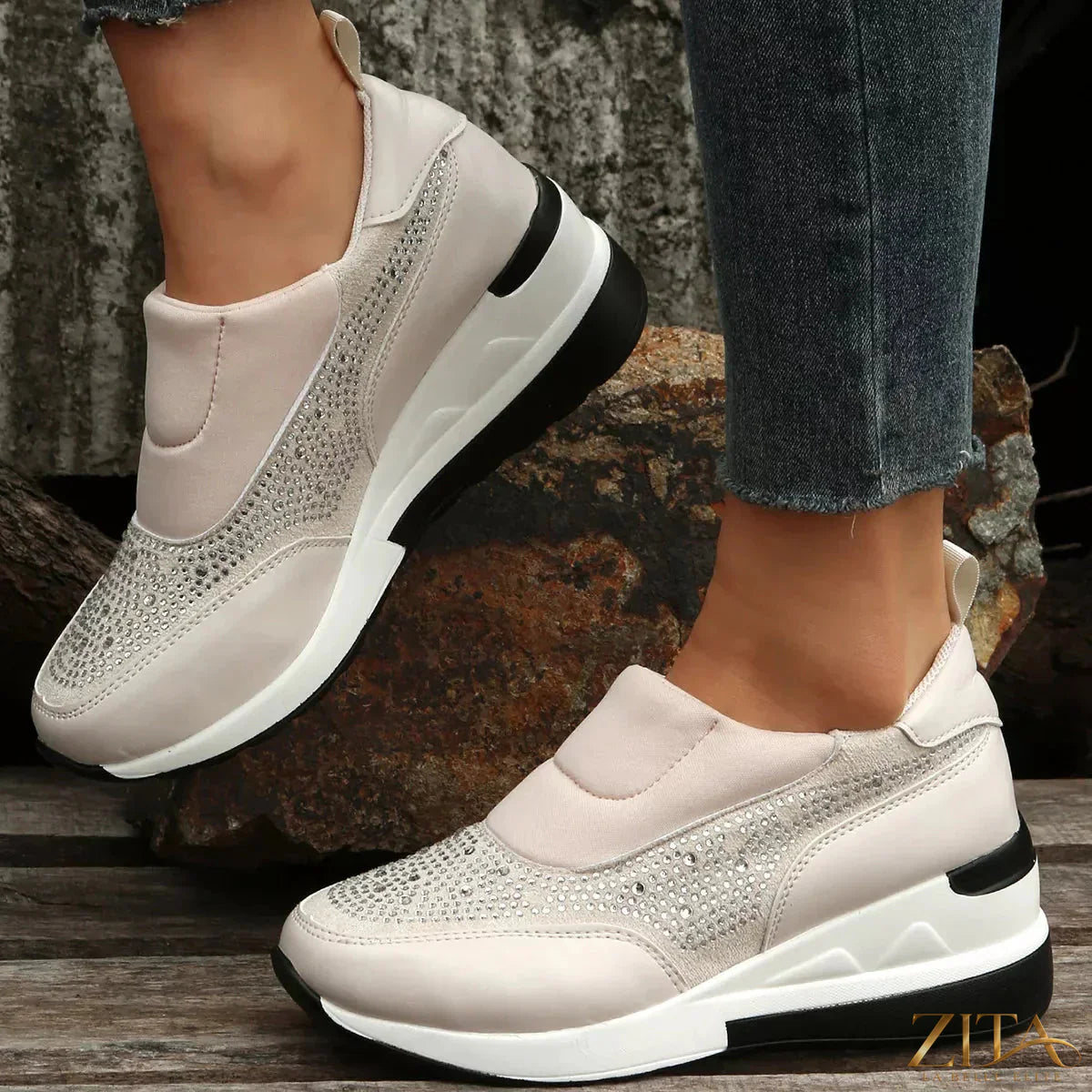 Zita La Belle Elite rhinestone embellished wedge sneakers with sparkling details and casual sneaker design.