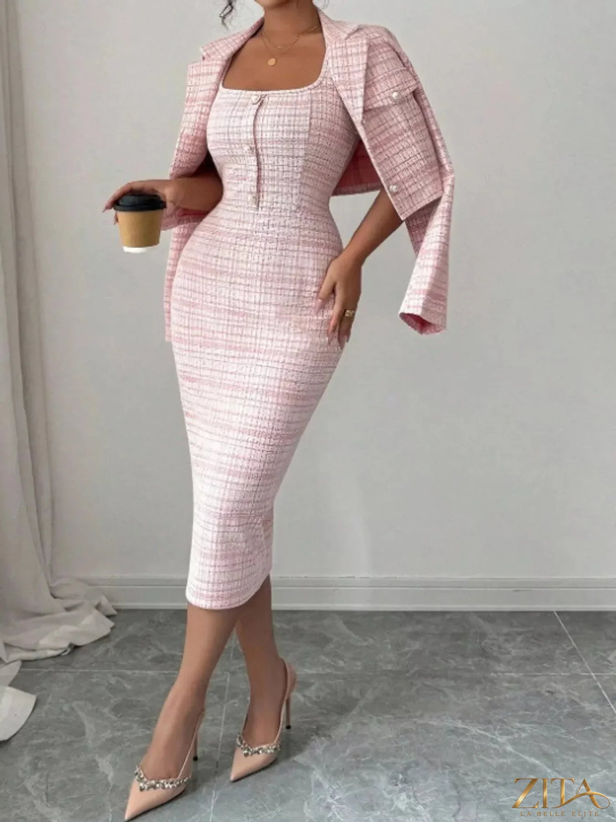 Zita La Belle Elite tweed square neck dress with matching cardigan set, stylish and elegant for sophisticated outfits.
