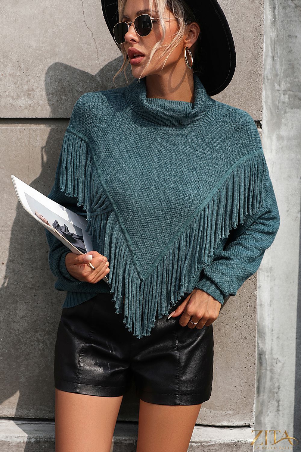 Turtle neck tassel front long sleeve pullover sweater in soft knit fabric, trendy and cozy for casual wear.
