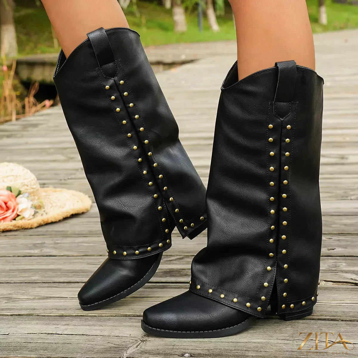 Zita La Belle Elite Western studded mid-calf boots with leather exterior and decorative metal studs, stylish and rugged footwear.