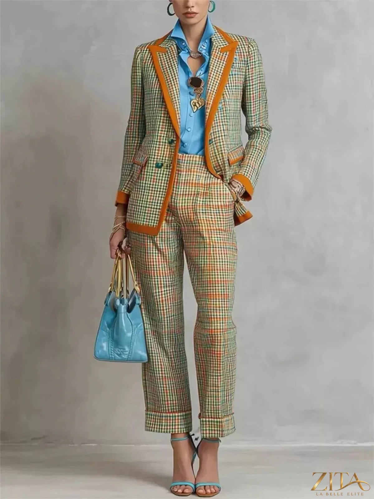 Zita La Belle Elite plaid blazer and matching pants suit set, tailored fit with classic checkered pattern, stylish professional look.