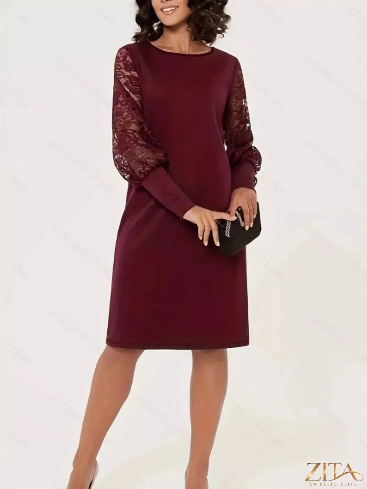 Lace lantern sleeve dress by Trendsi featuring intricate lace details and flowing silhouette, shown in a stylish front view.