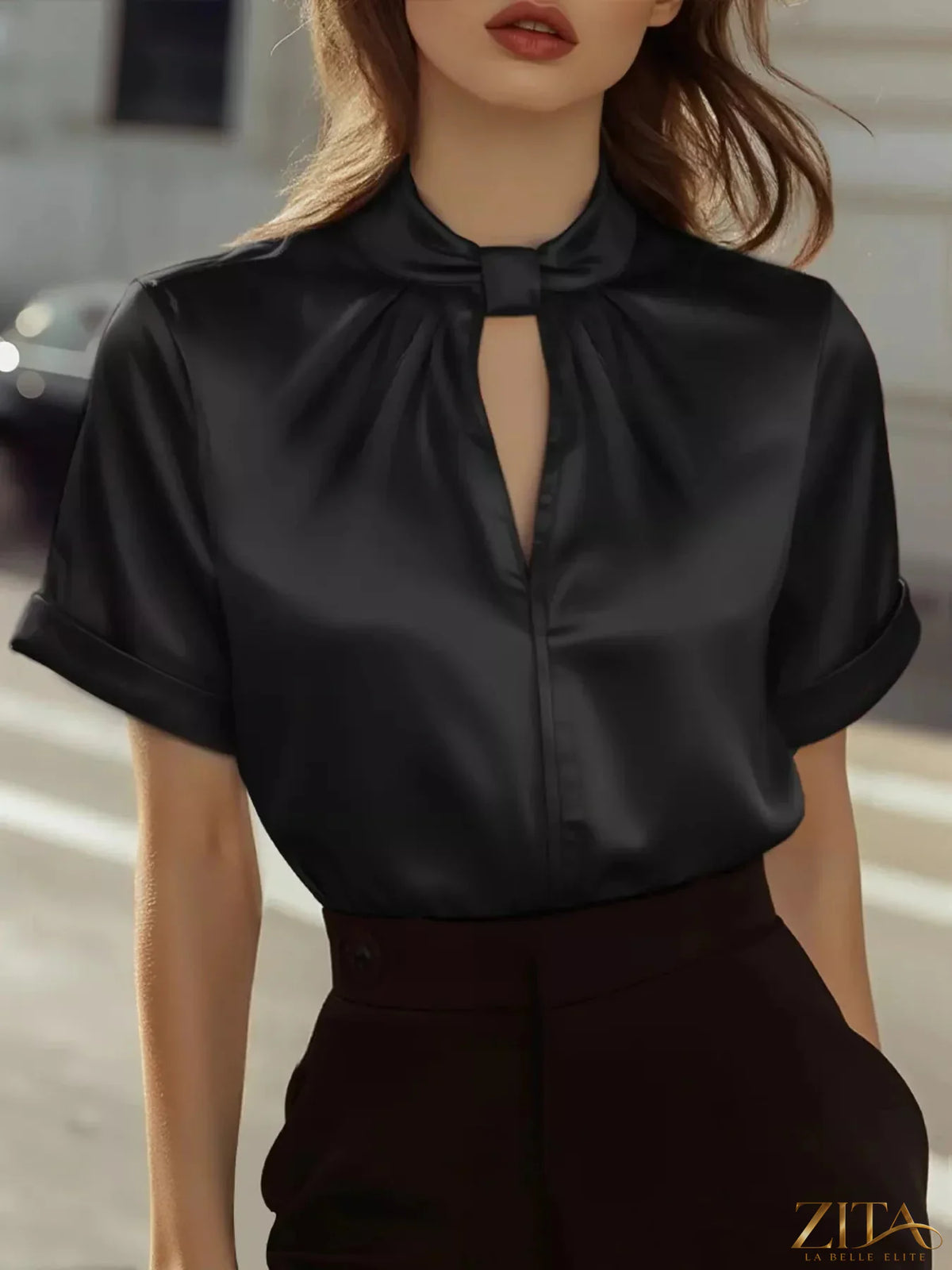 Zita La Belle Elite satin short sleeve blouse with keyhole neckline, elegant and stylish for versatile wear.