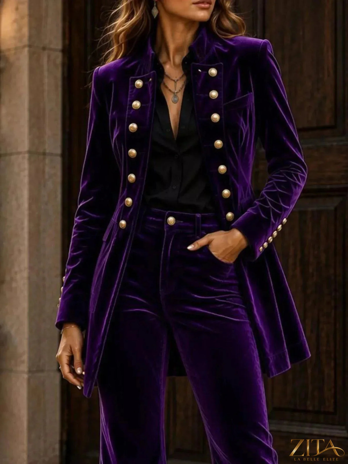 Zita La Belle Elite velvet double-breasted blazer and flare pants set displayed on a mannequin, stylish and luxurious clothing ensemble