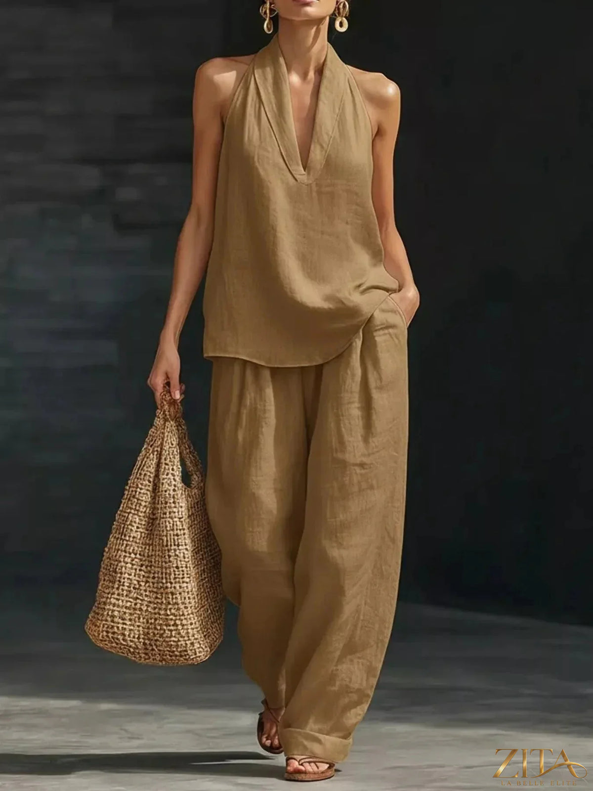 Plus size Zita La Belle Elite halter neck top with wide-leg pants set, featuring a stylish neckline and flowing fabric.