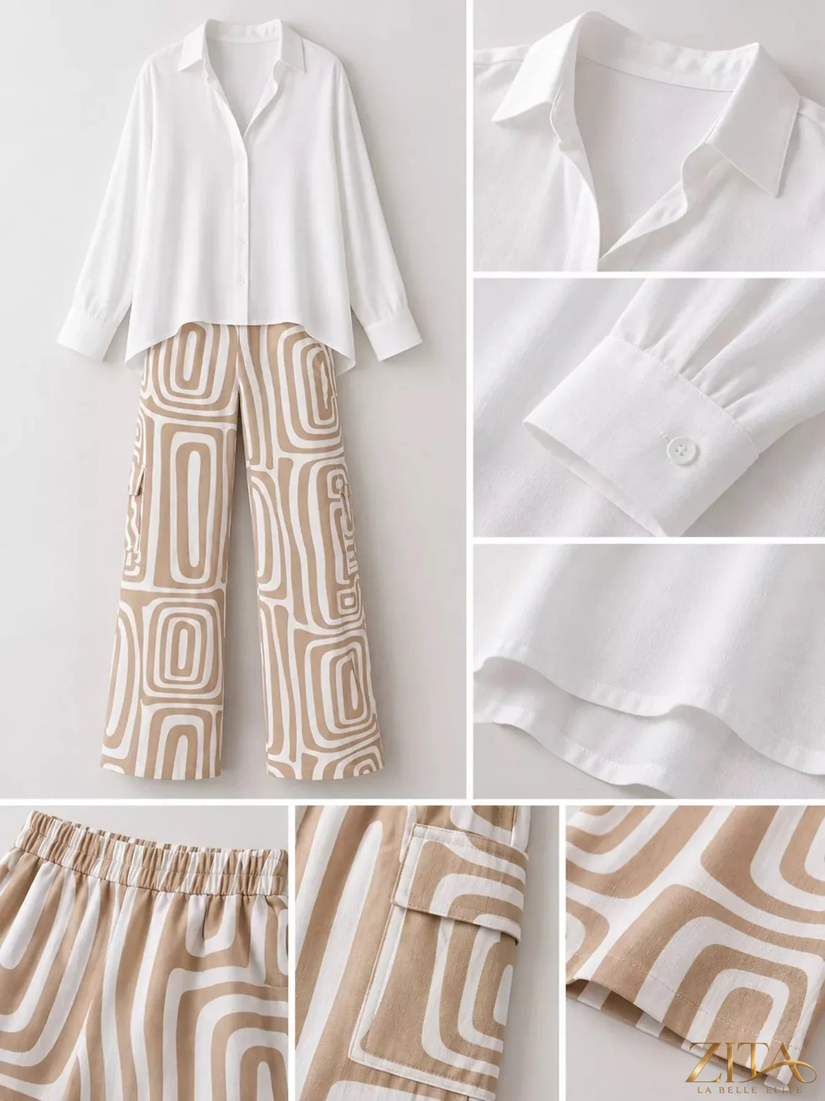 Plus size Zita La Belle Elite button-down shirt and geometric wide-leg pants set displayed on a model.
