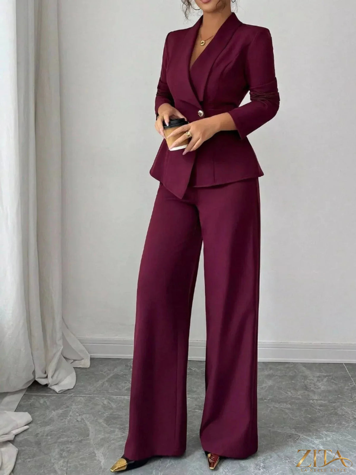 Zita La Belle Elite one button blazer and matching pants set, tailored fit, in a stylish professional look, shown on a mannequin.