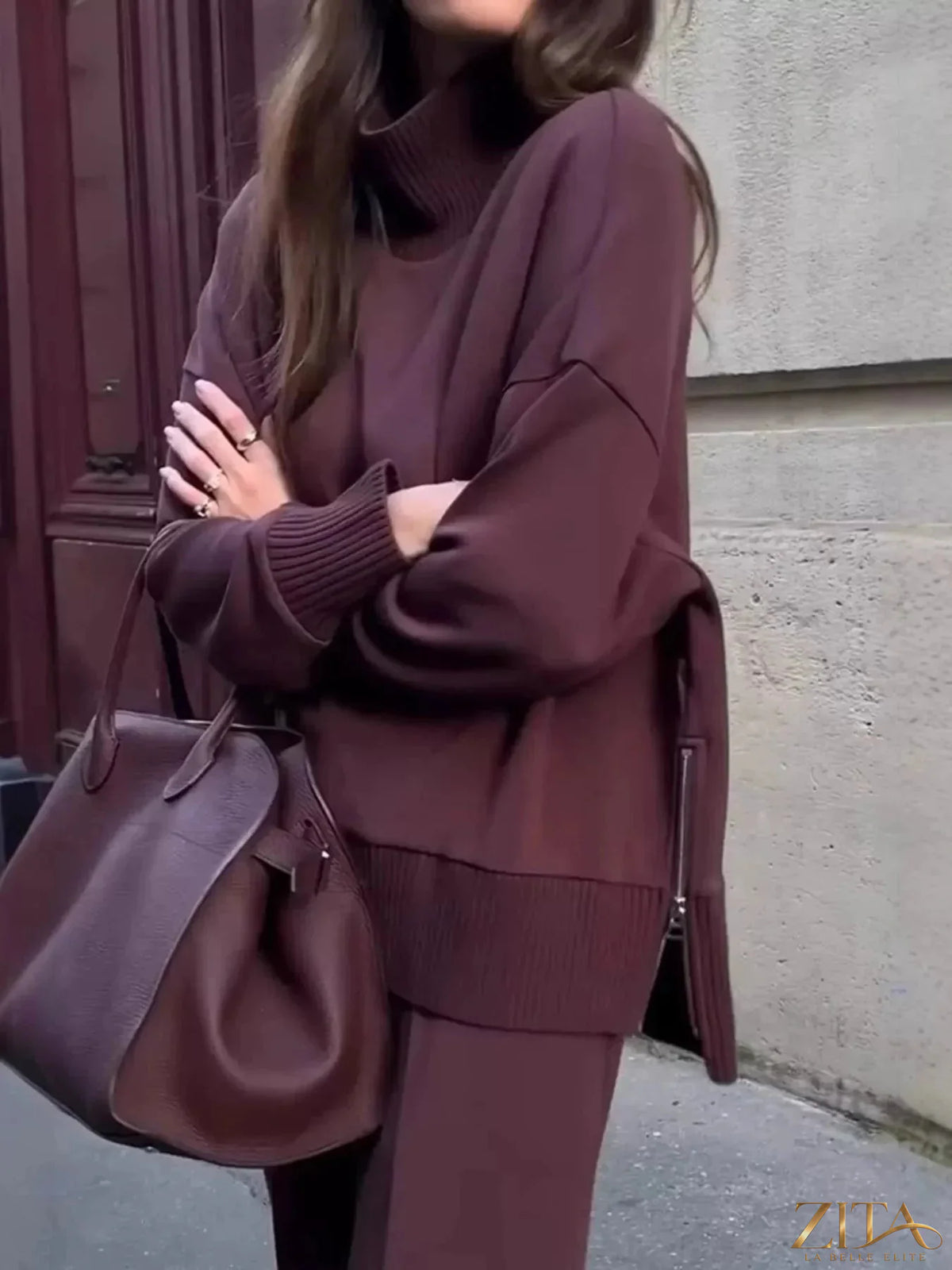 Zita La Belle Elite turtleneck dropped shoulder top and matching pants set, dark-colored, stylish and comfortable casual outfit.