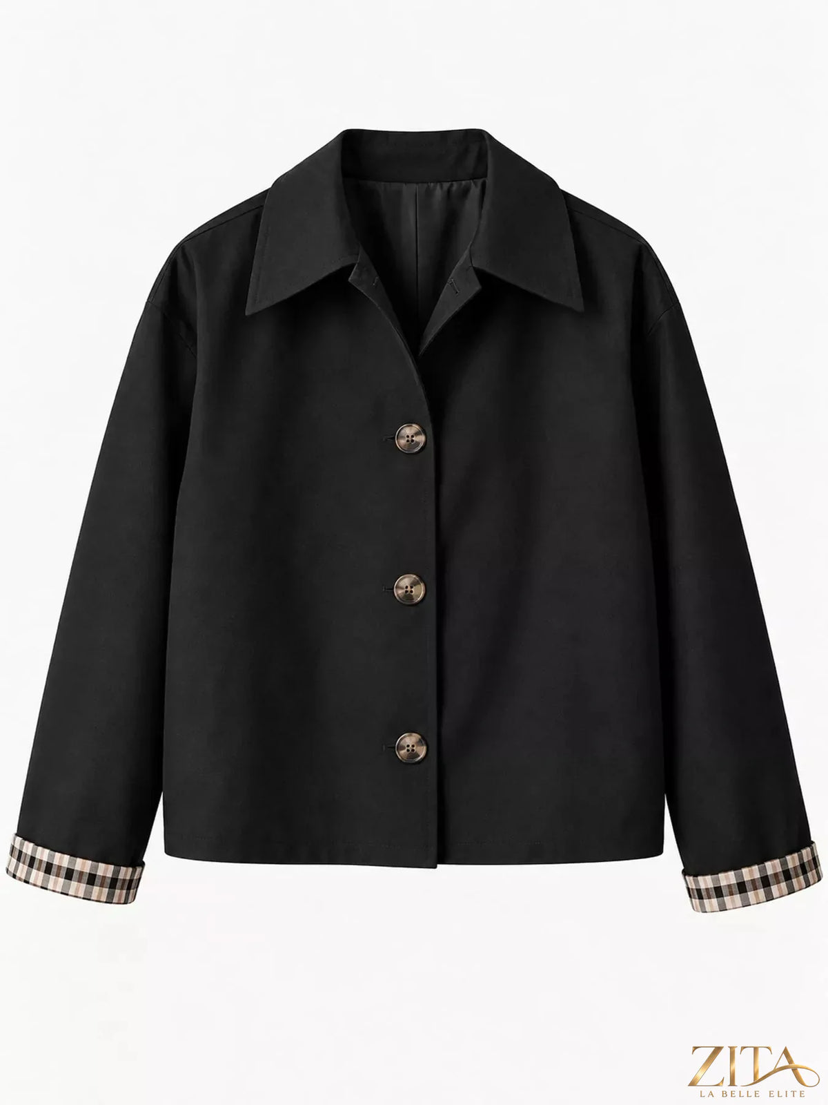 Zita La Belle Elite plaid cuffs cropped trench coat featuring classic plaid pattern, tailored fit, and stylish outerwear design.