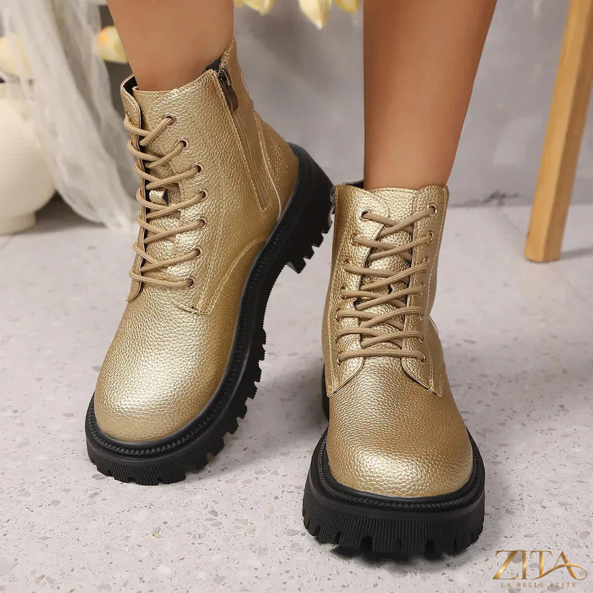 Zita La Belle Elite lace-up platform boots with chunky heels and black leather finish, stylish and bold footwear for women.