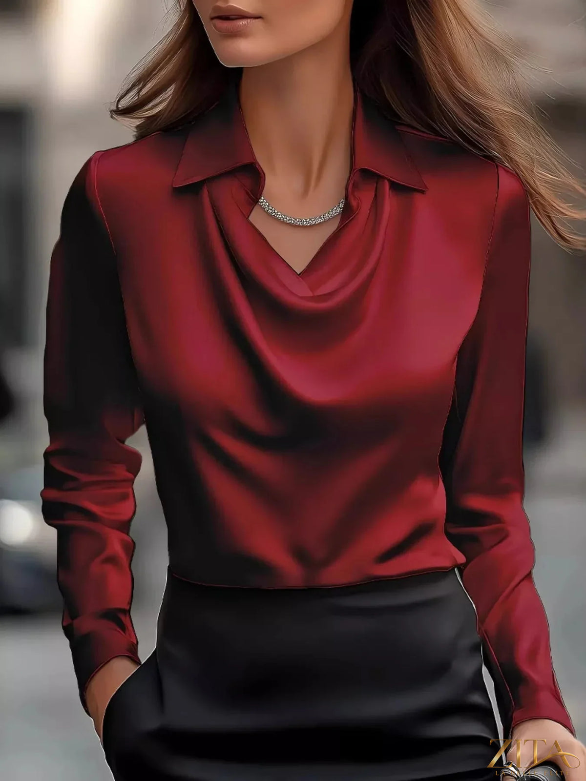 Plus size satin cowl neck long sleeve blouse by Zita La Belle Elite, featuring a stylish draped neckline and smooth fabric.