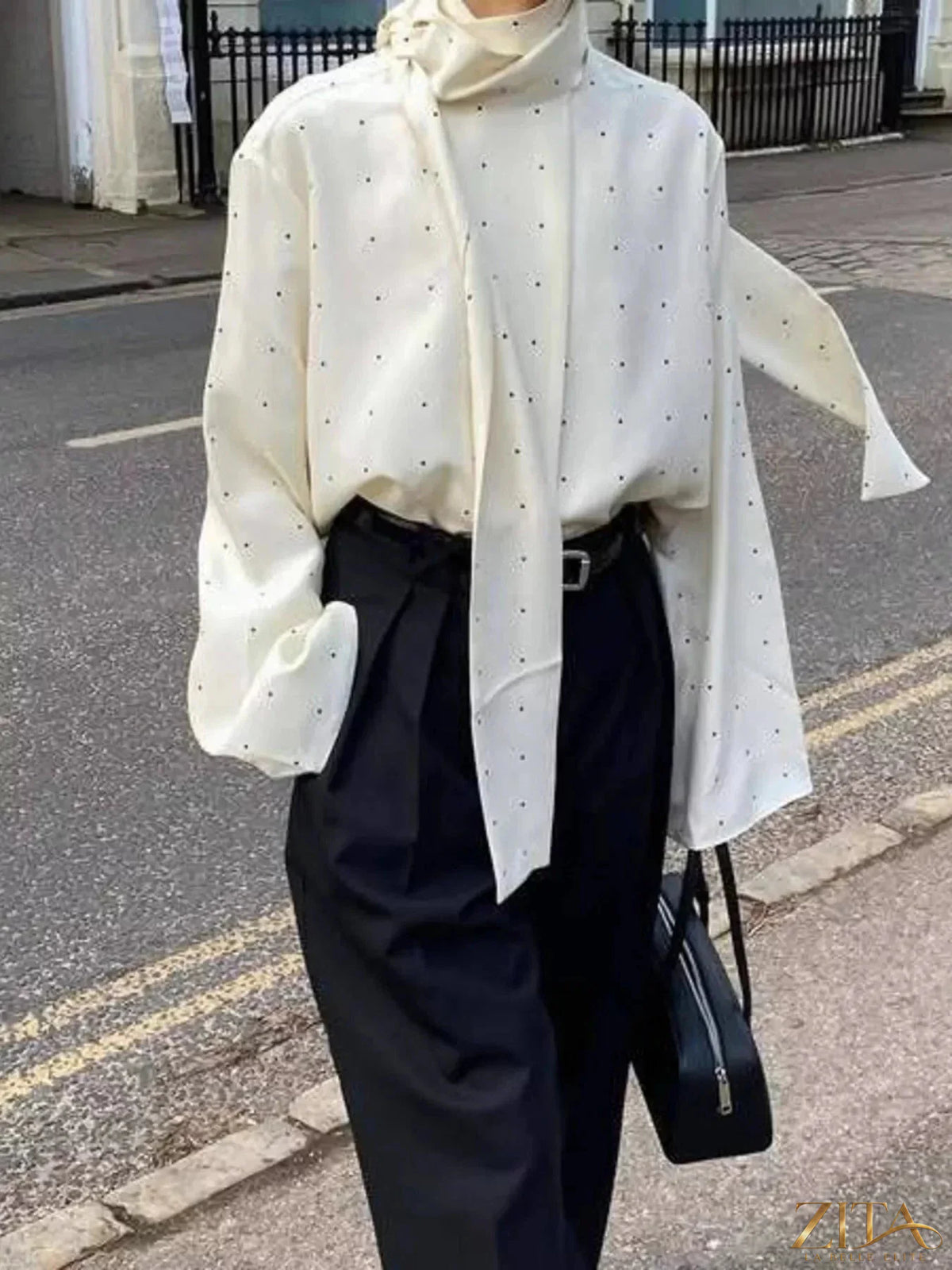 Zita La Belle Elite polka dot silk blouse with scarf neck tie, featuring a stylish and elegant design.