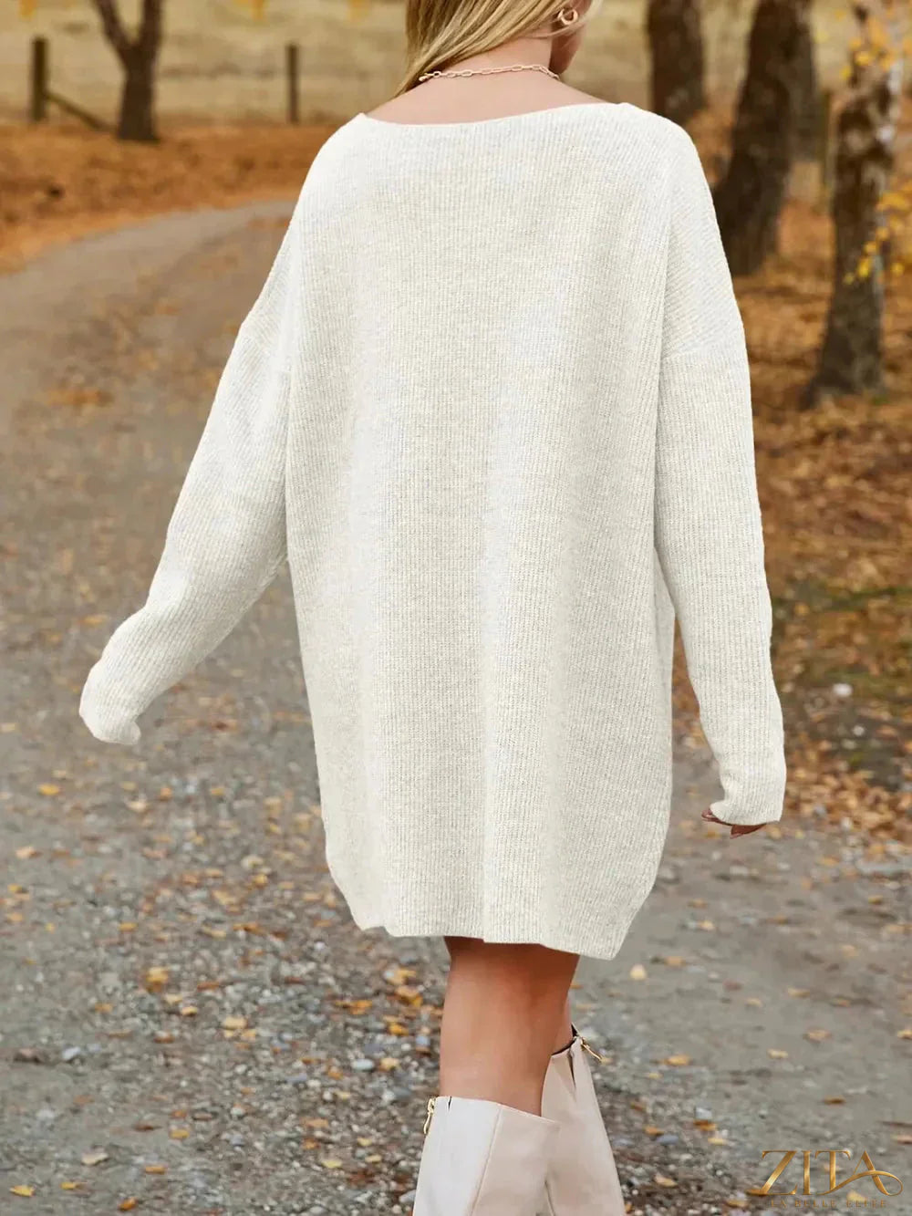 Zita La Belle Elite V-neck dropped shoulder sweater dress in soft knit fabric, stylish and comfortable for casual wear