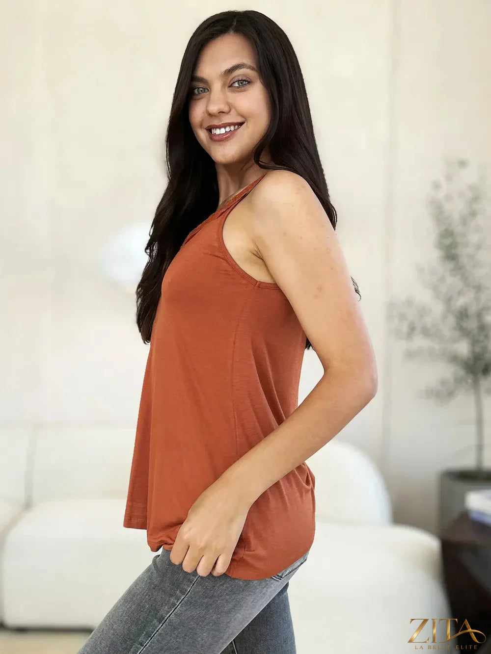 Zita La Belle Elite Basic Bae full-size lace detail V-neck cami with cutout design, featuring delicate lace accents and a V-neck neckline.