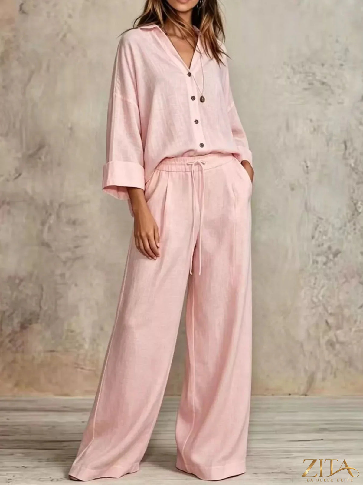 Plus size Zita La Belle Elite button-down shirt and wide-leg pants set, featuring a stylish and comfortable coordinated outfit.