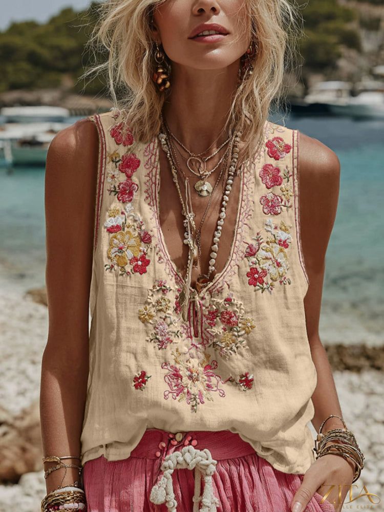 Women's Zita La Belle Elite floral print V-neck tank top with vibrant botanical 3D digital print, casual summer sleeveless top.