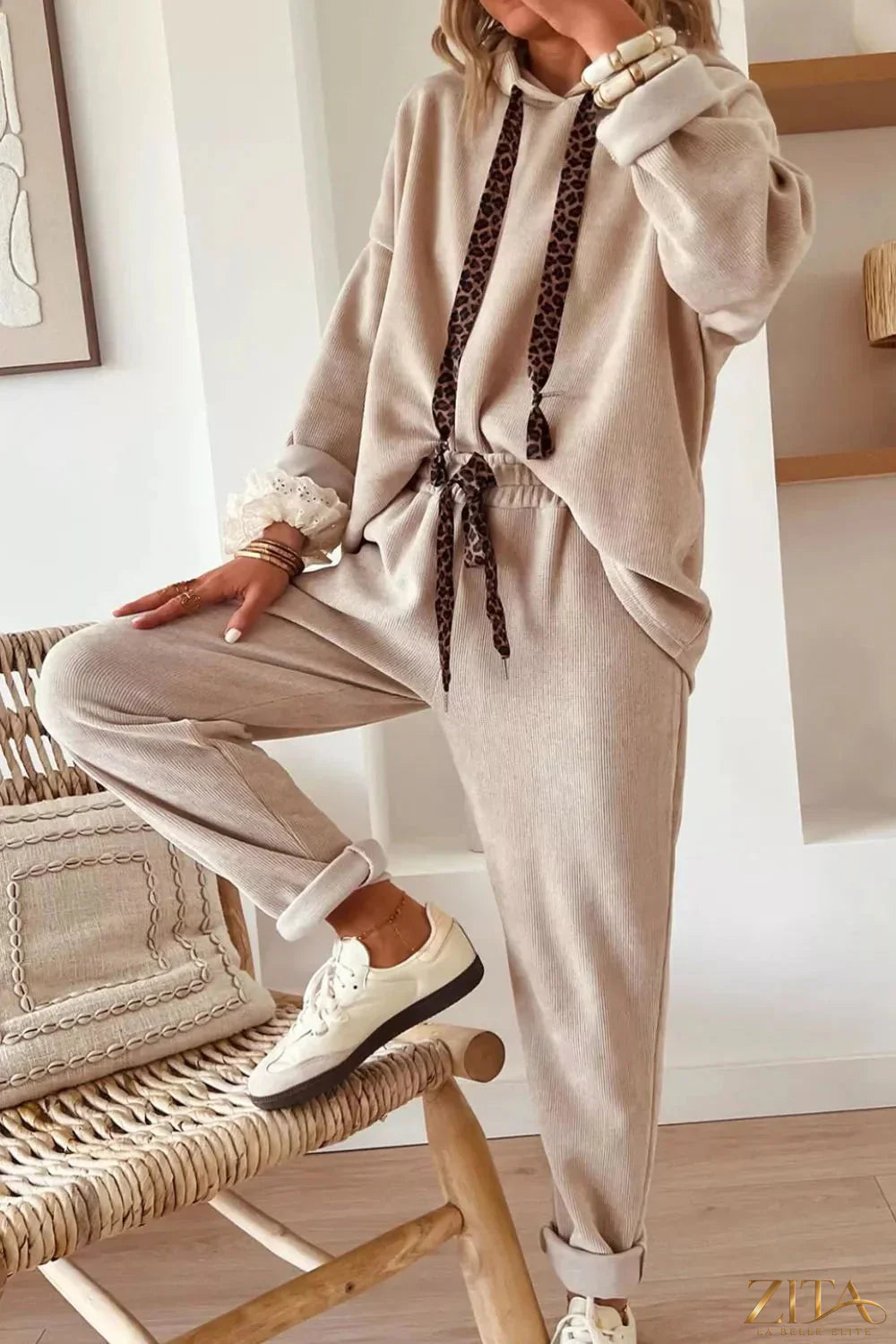 Zita La Belle Elite leopard print drawstring hoodie and pants set, two-piece casual outfit with bold animal pattern and comfortable fit.