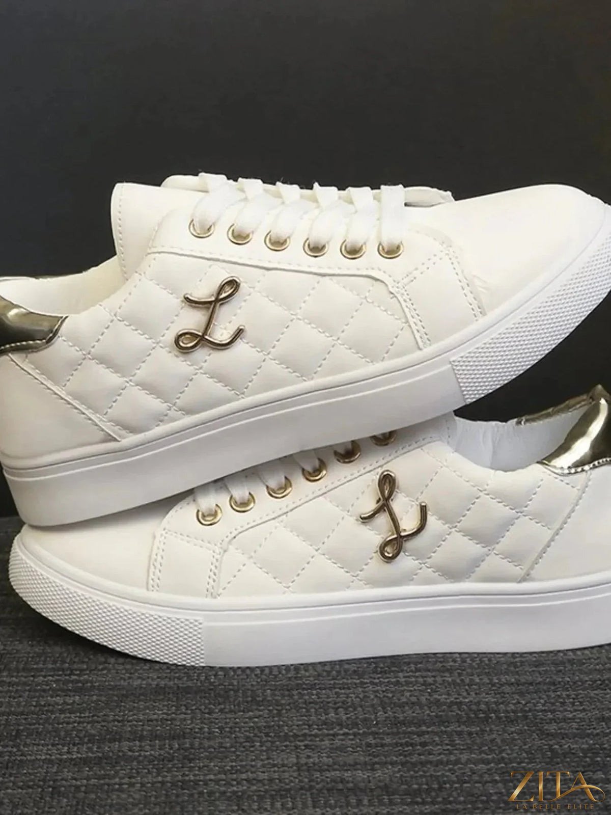 Zita La Belle Elite quilted platform sneakers with metallic gold accents, stylish and trendy footwear for casual wear