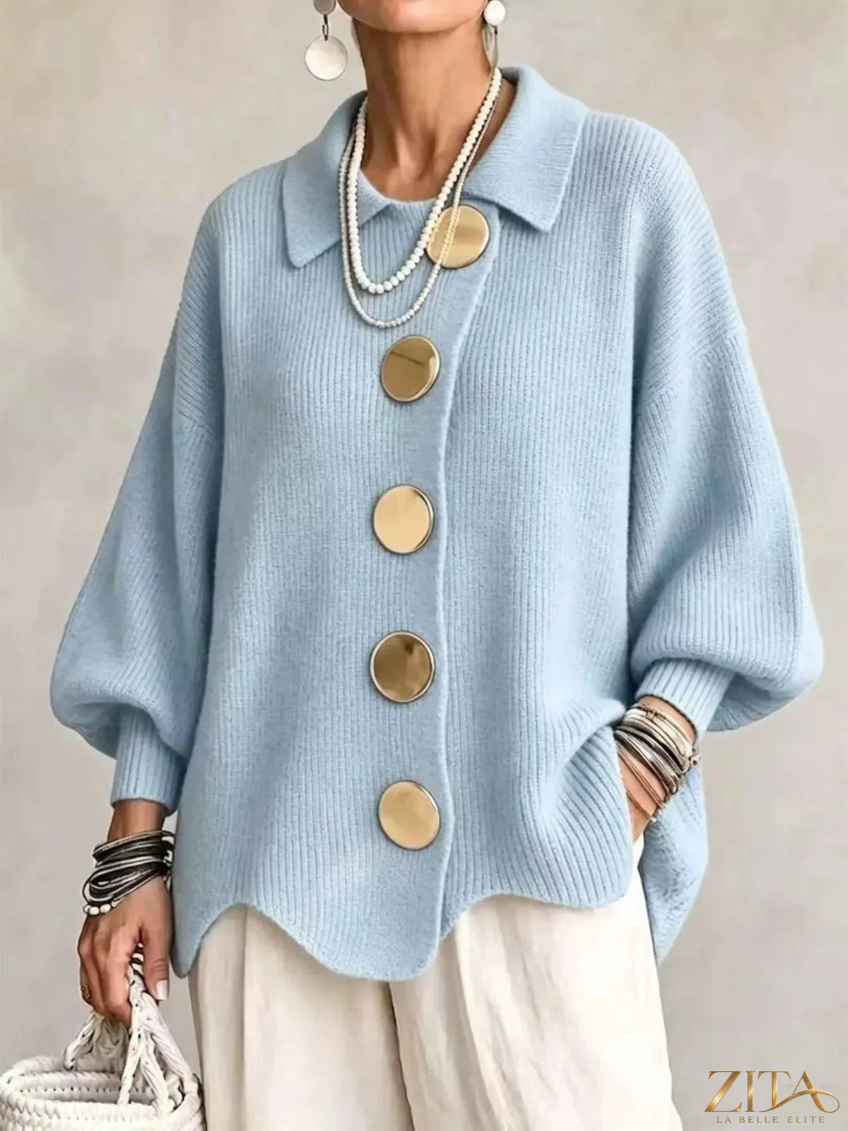 Plus size ribbed knit cardigan with gold buttons from Zita La Belle Elite, featuring a full-size fit and stylish design.