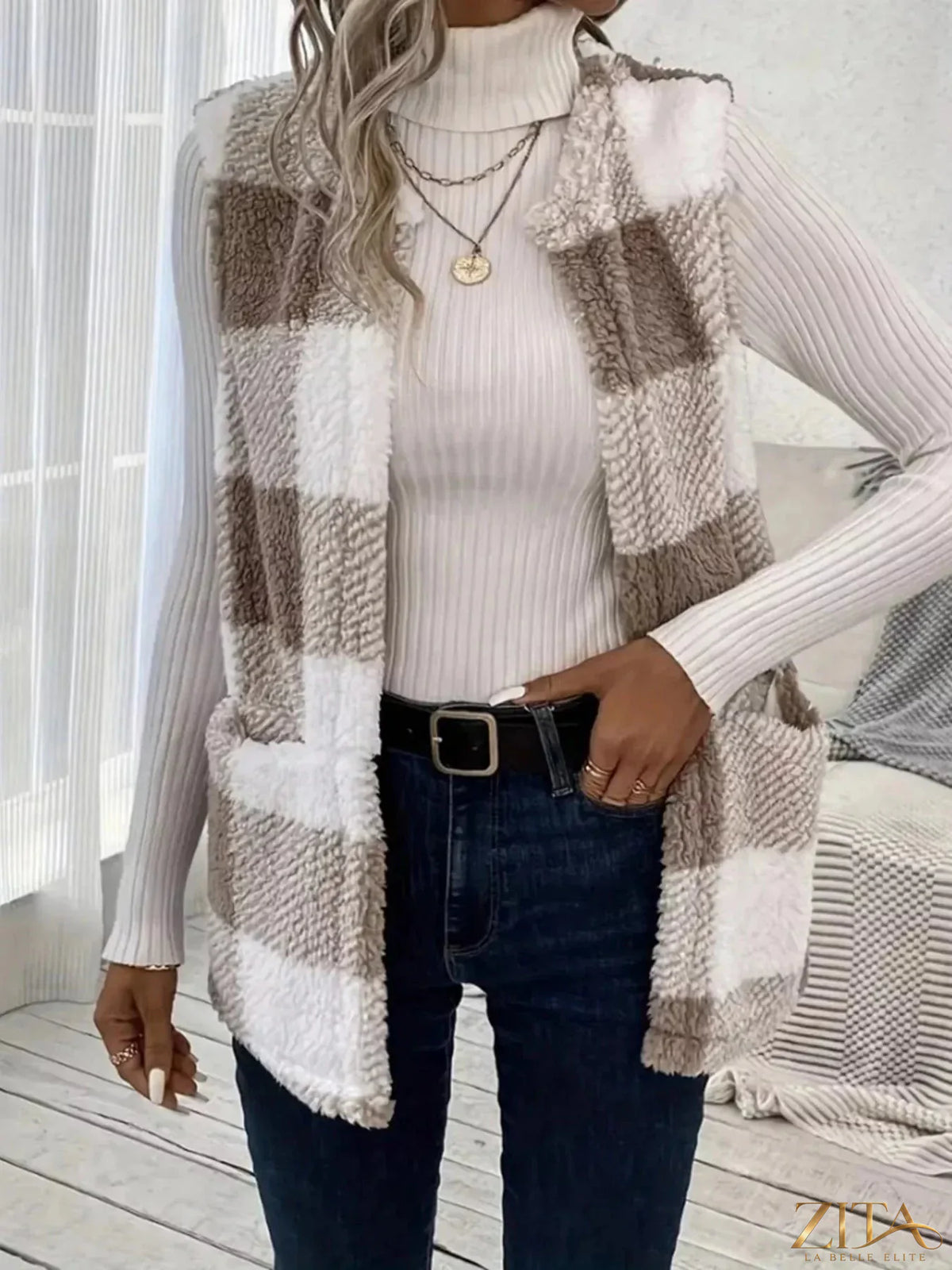 Zita La Belle Elite cozy plaid sherpa vest coat with soft lining, featuring a classic plaid pattern and front pockets.