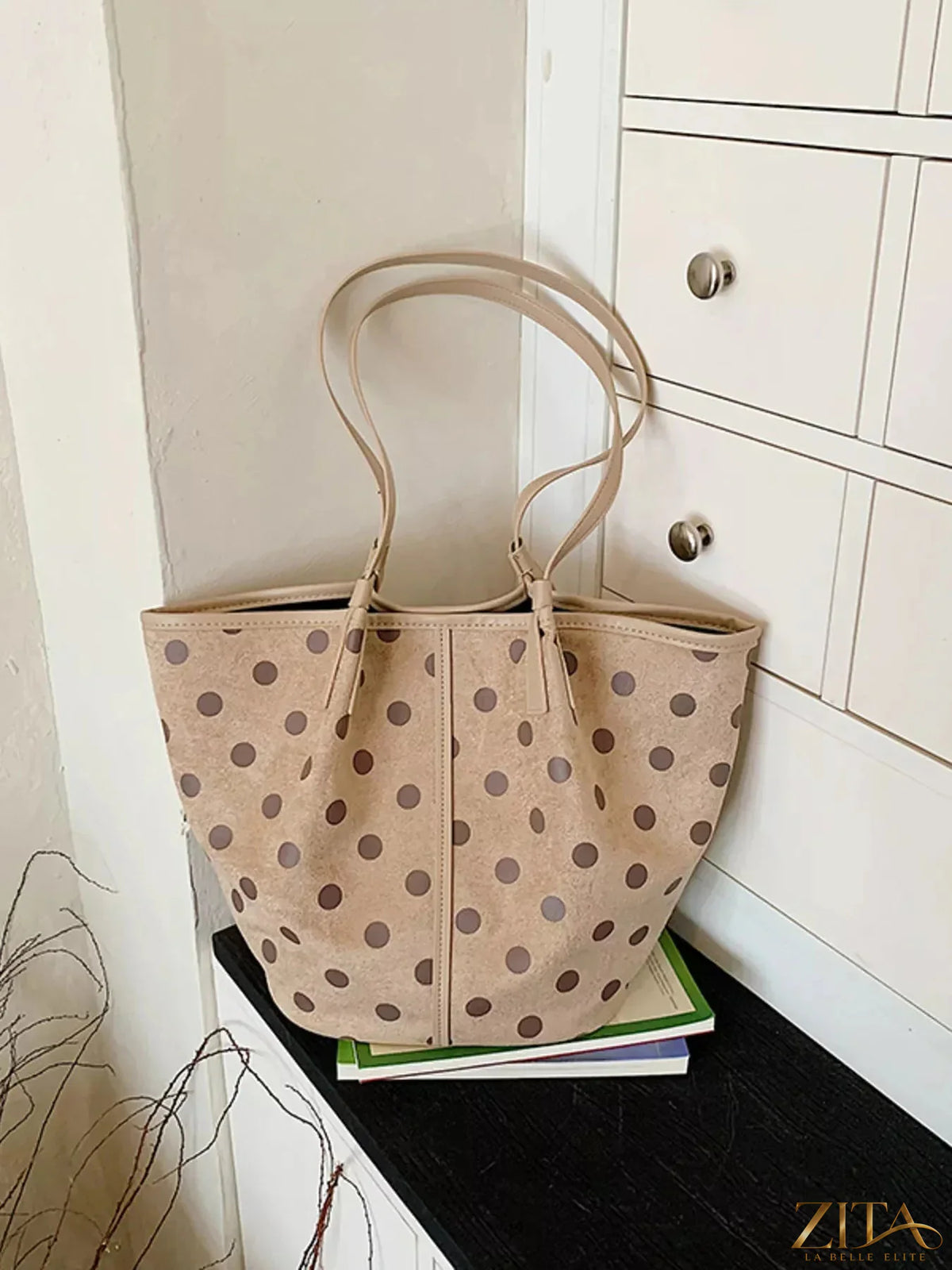 Polka dot tote bag by Zita La Belle Elite with black and white dots, sturdy handles, and spacious interior for everyday use.