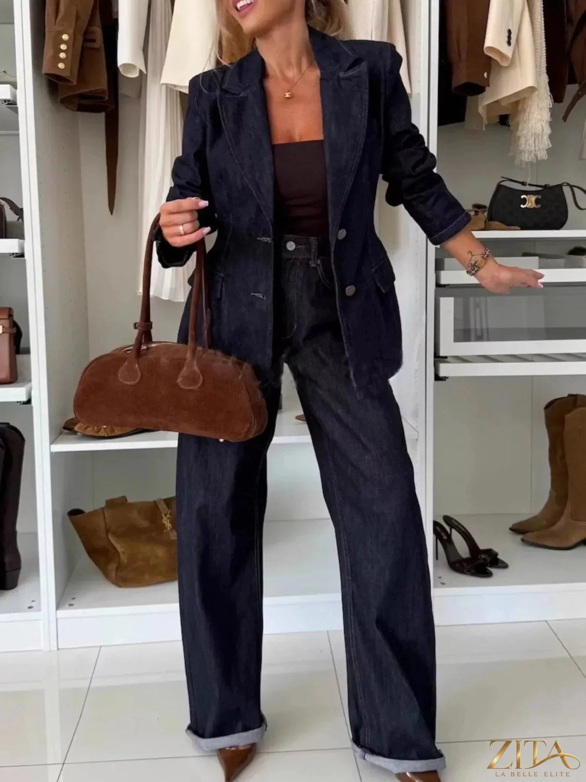 Zita La Belle Elite single-breasted blazer and matching denim jeans set displayed on a model, stylish and modern fashion look.