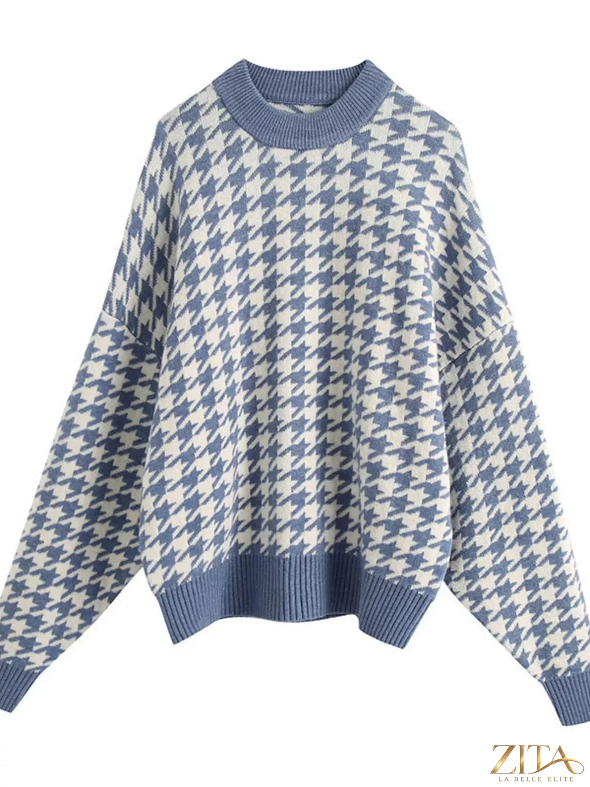 Zita La Belle Elite oversized houndstooth sweater with a relaxed fit and classic black and white pattern, displayed on a model.