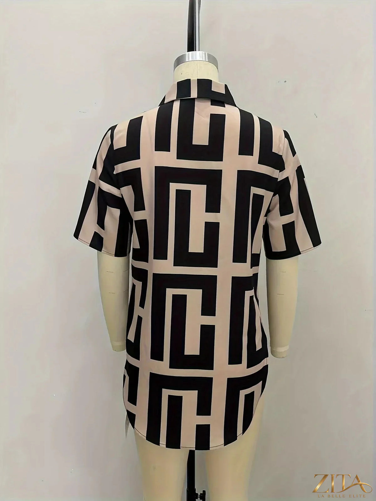 Zita La Belle Elite geometric print button-down short sleeve shirt, featuring a stylish geometric pattern and casual fit.