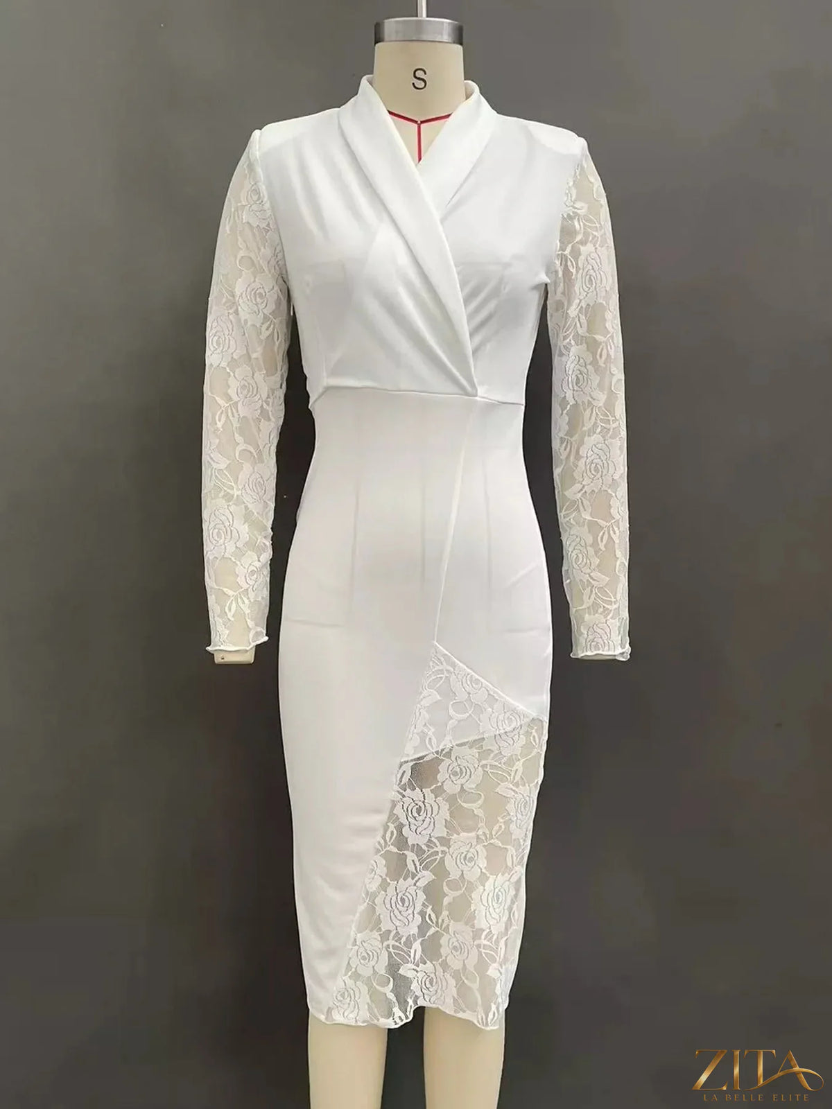 Zita La Belle Elite lace-sleeve blazer dress featuring elegant lace details and a fitted silhouette, perfect for formal occasions.