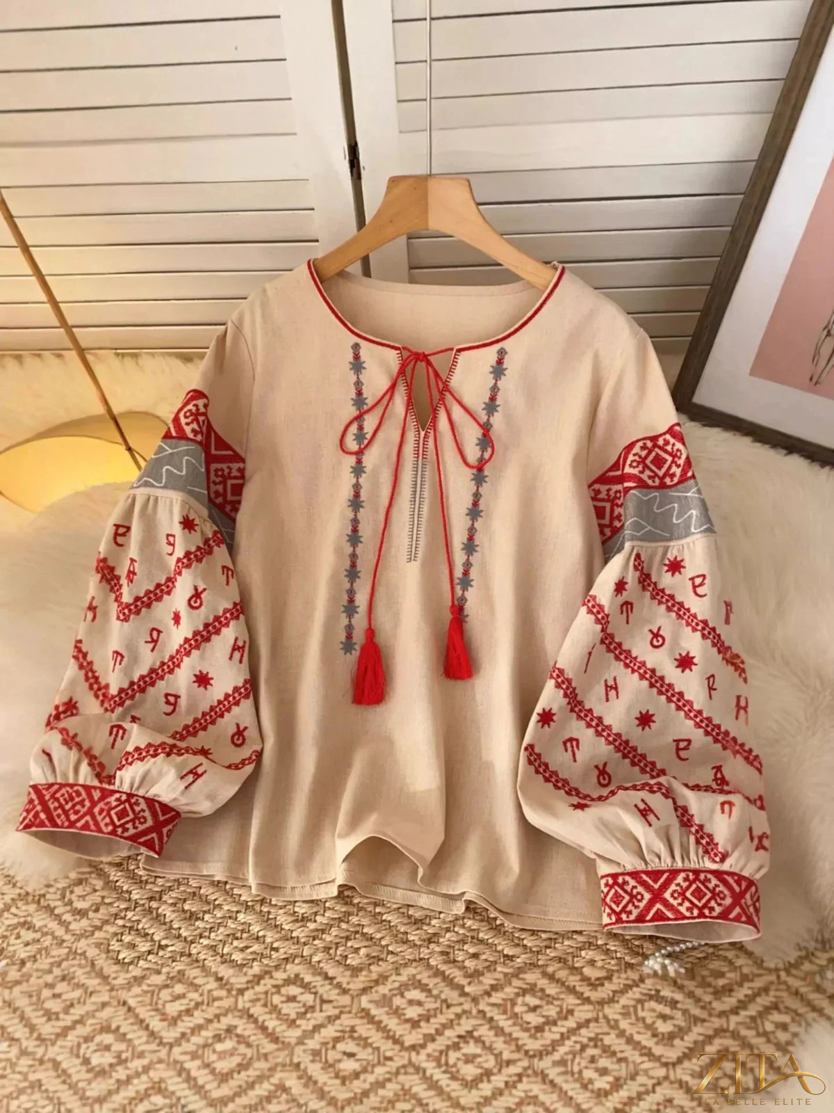 Zita La Belle Elite embroidered tie-neck blouse with floral detailing and long sleeves, stylish and elegant women’s top.