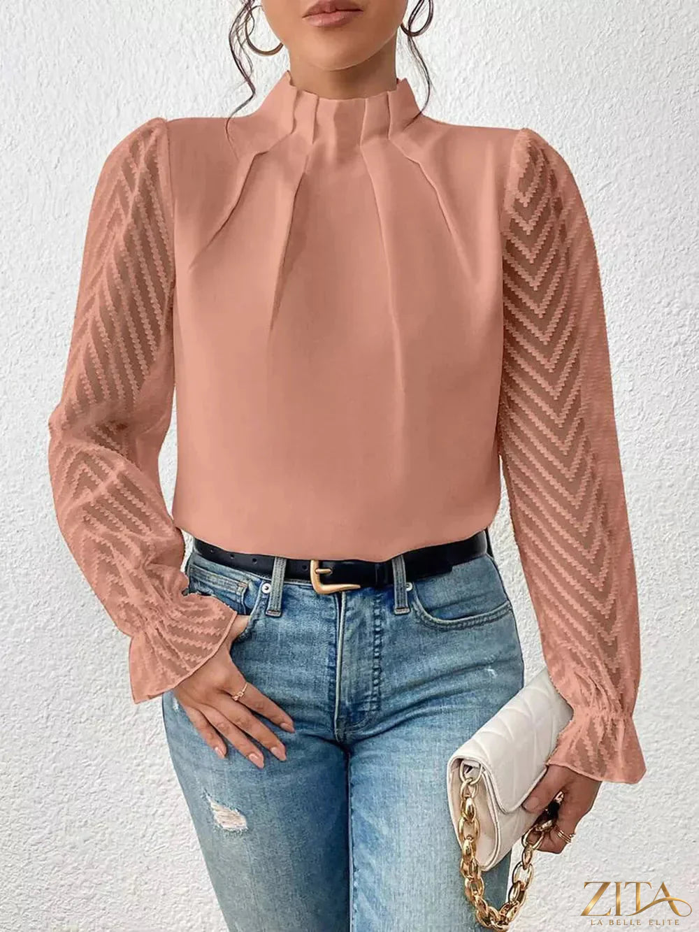 Zita La Belle Elite mock neck blouse with flounce sleeves in soft fabric, featuring a stylish and elegant design.